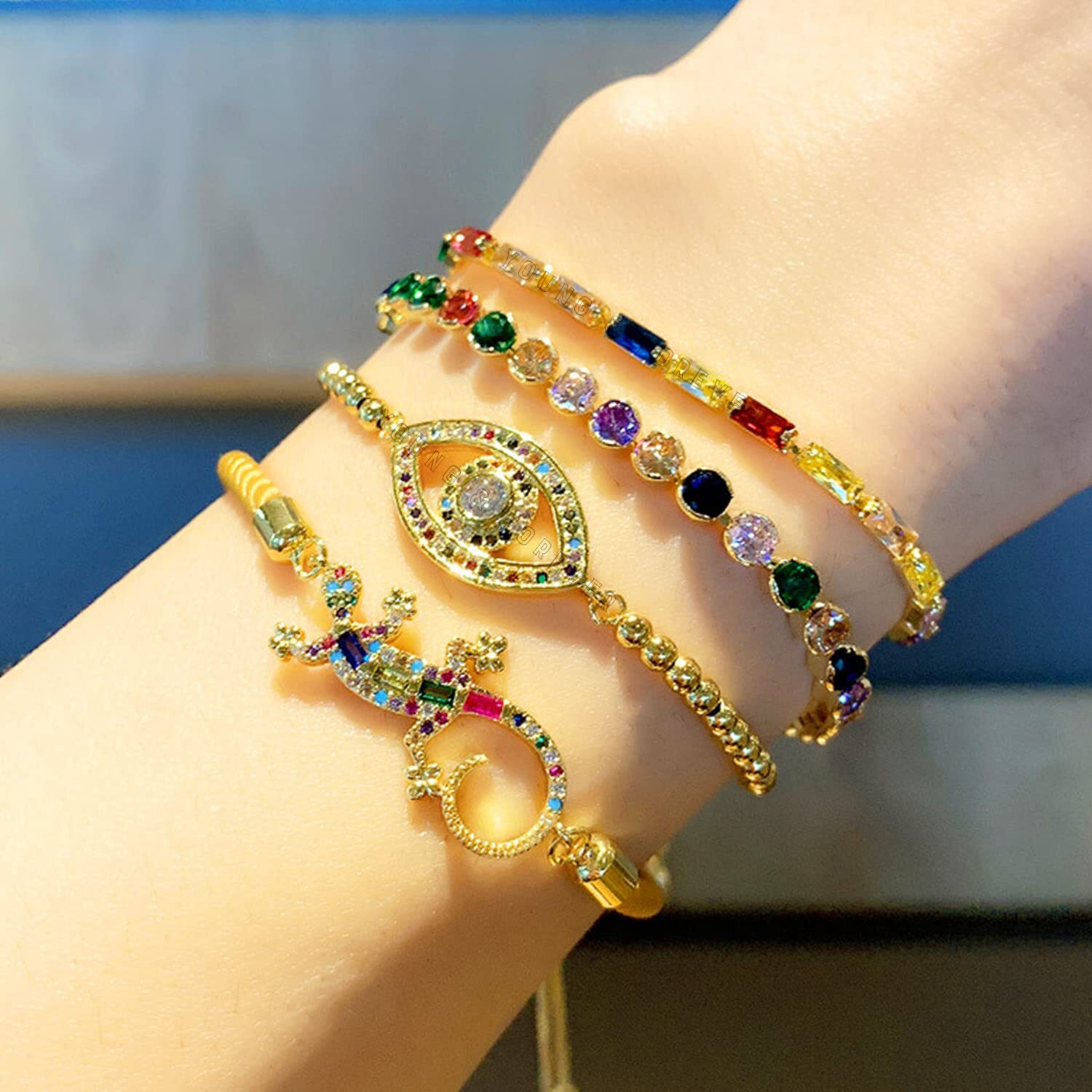 Young & Forever Gift Eye-Catchy 18k Gold Plated Bolo Chain Rainbow Cubic Zirconia Embellished Evil Eye Charm Gold Plated Kabbalah Bracelet for Women and Girls