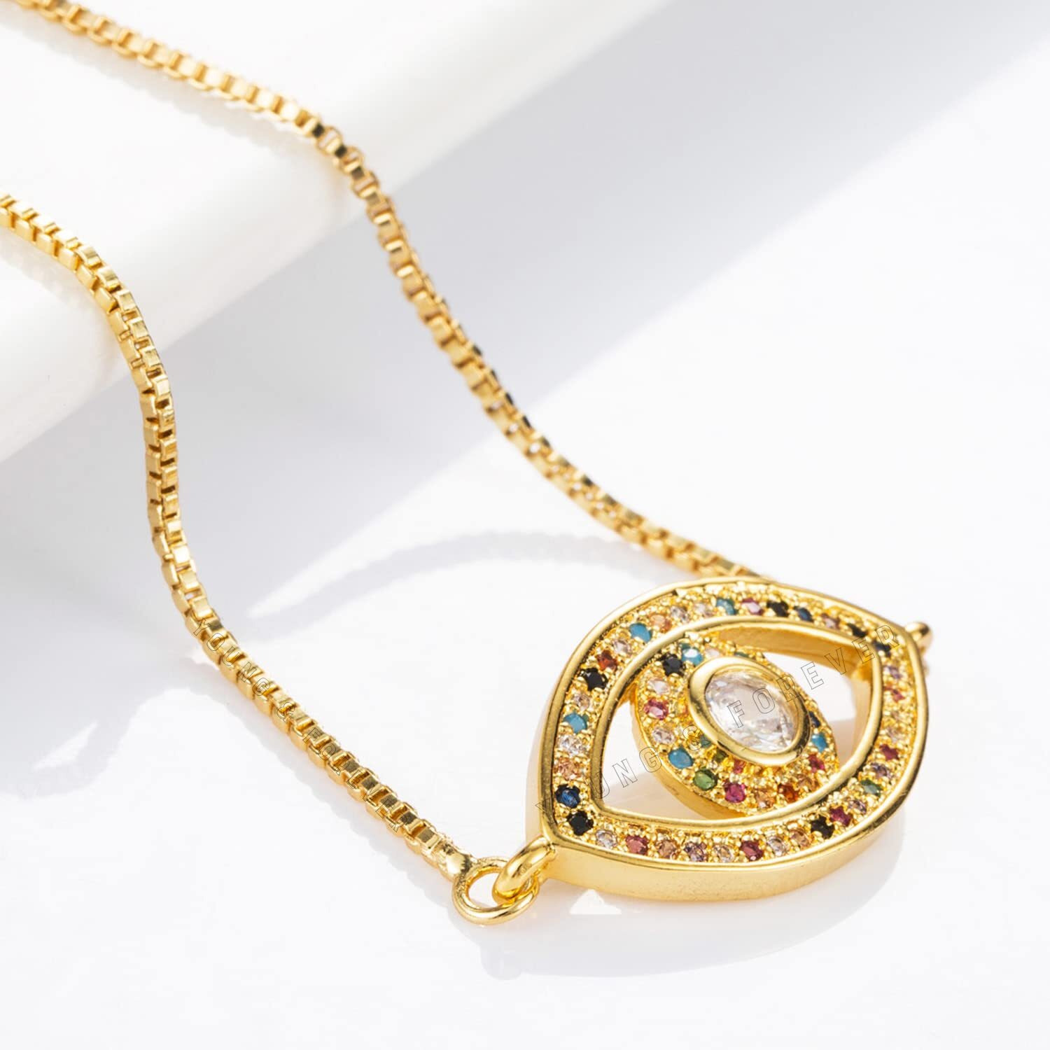 Young & Forever Gift Eye-Catchy 18k Gold Plated Bolo Chain Rainbow Cubic Zirconia Embellished Evil Eye Charm Gold Plated Kabbalah Bracelet for Women and Girls