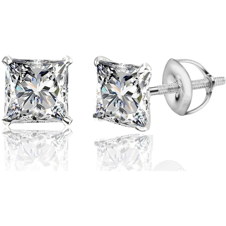 HIGHSPARK 925 Silver Solitaire Screwback Stud Earrings | 92.5 Sterling Silver & Square Princess Cut Brilliant Zirconia Tops for Men, Women, Boys and Girls | Silver 3mm
