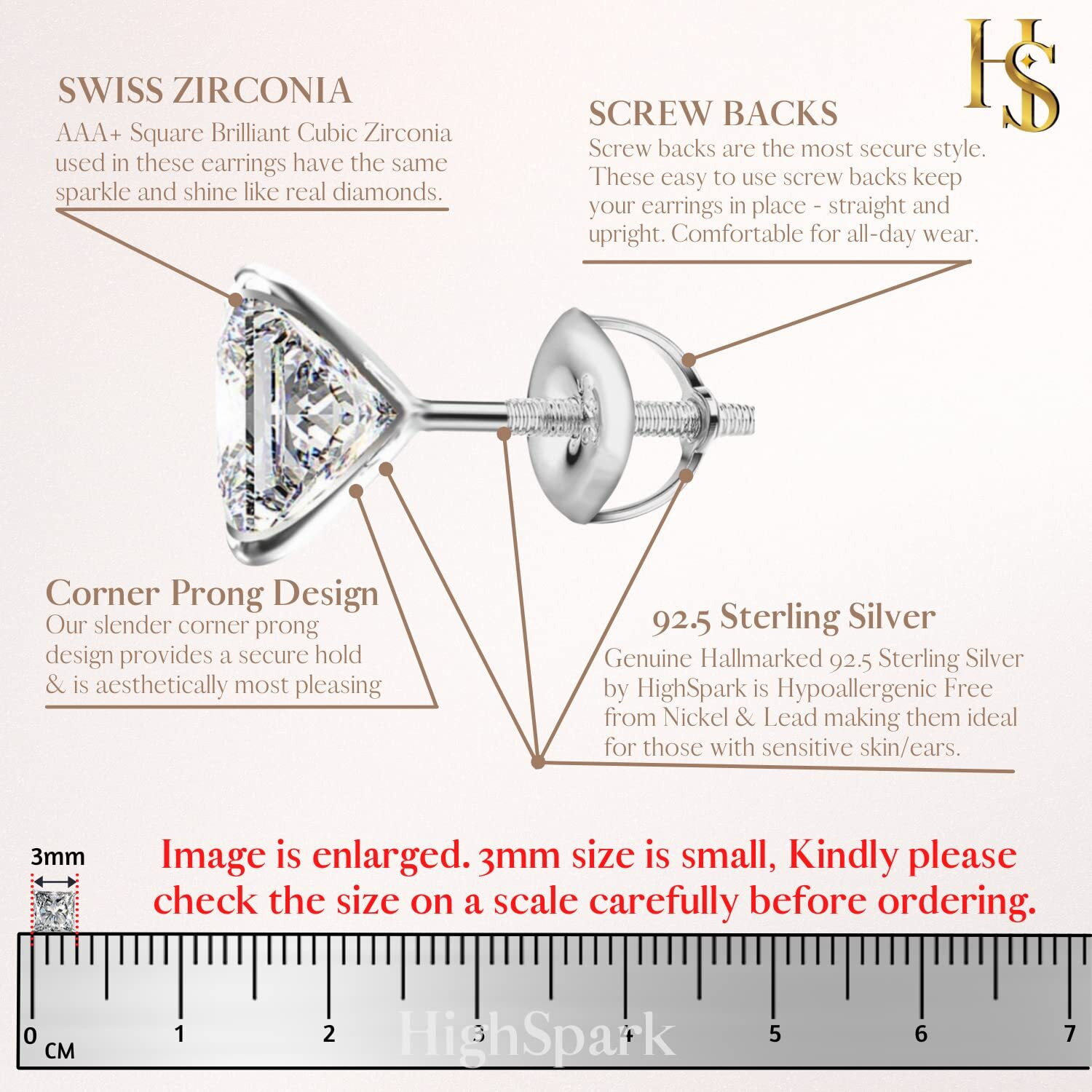 HIGHSPARK 925 Silver Solitaire Screwback Stud Earrings | 92.5 Sterling Silver & Square Princess Cut Brilliant Zirconia Tops for Men, Women, Boys and Girls | Silver 3mm