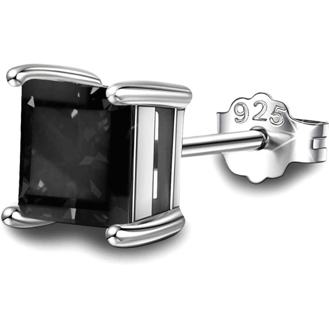 HIGHSPARK 925 Silver Mens Square Black Solitaire Stud | 92.5 Sterling Silver and Diamond like Brilliance Sparkling Zirconia | Single Stud for Men - Black 6mm