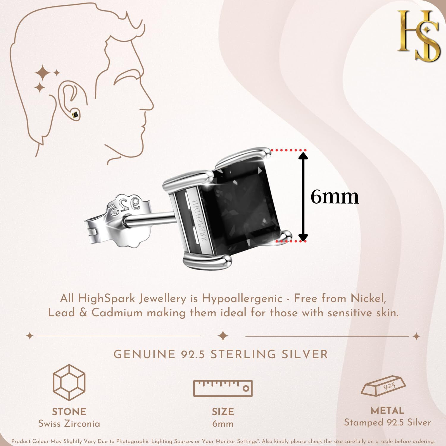 HIGHSPARK 925 Silver Mens Square Black Solitaire Stud | 92.5 Sterling Silver and Diamond like Brilliance Sparkling Zirconia | Single Stud for Men - Black 6mm