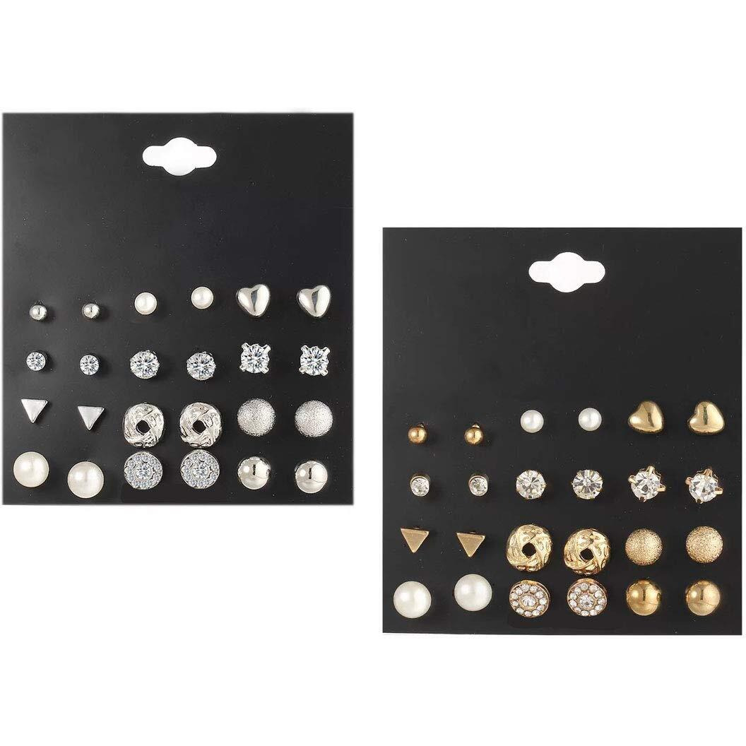 Shining Diva Fashion Gold Silver Non Precious Metal Latest Stylish Crystal Pearl Stud Earrings for Women -24 Pairs Combo Set (cmb291_10868_10869)