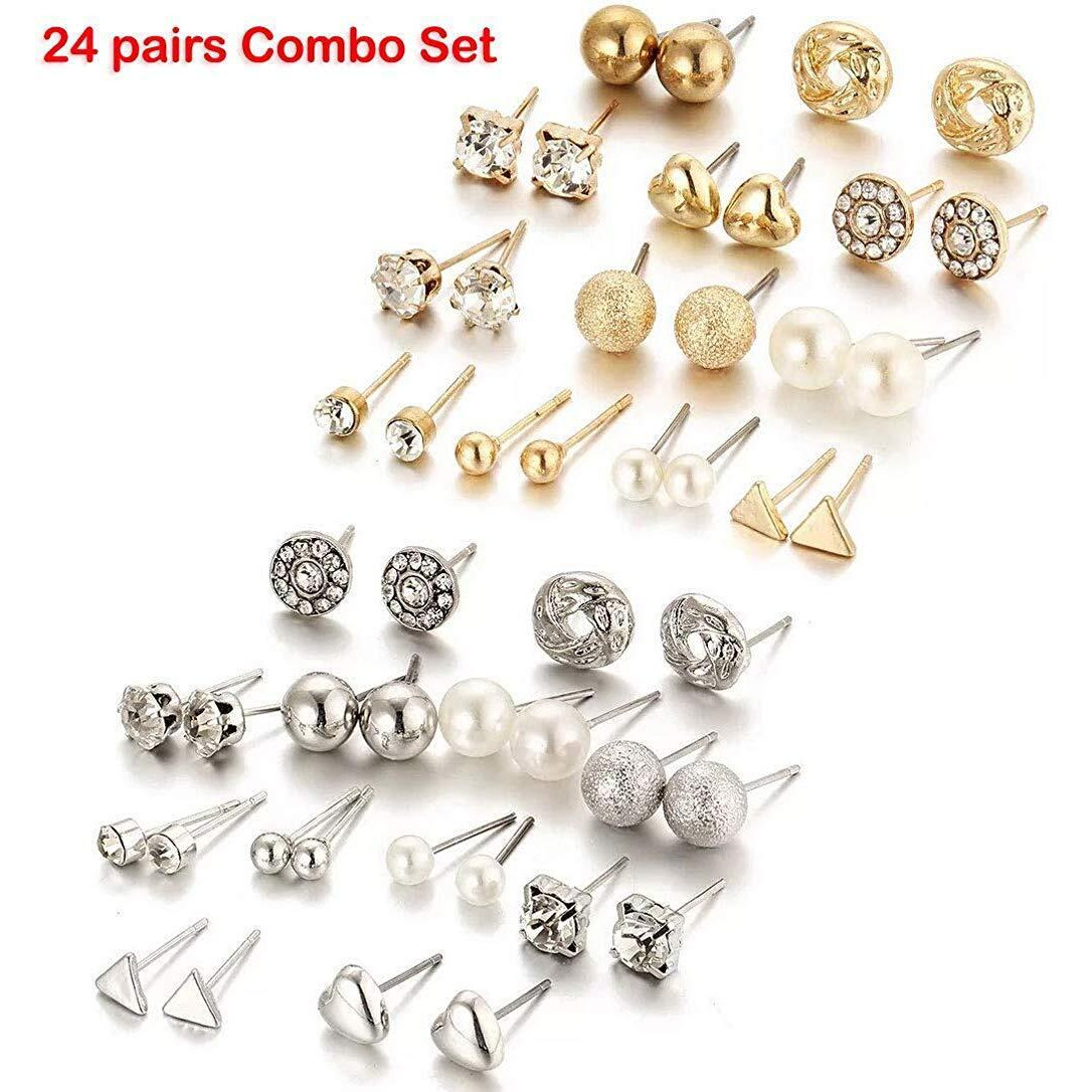 Shining Diva Fashion Gold Silver Non Precious Metal Latest Stylish Crystal Pearl Stud Earrings for Women -24 Pairs Combo Set (cmb291_10868_10869)