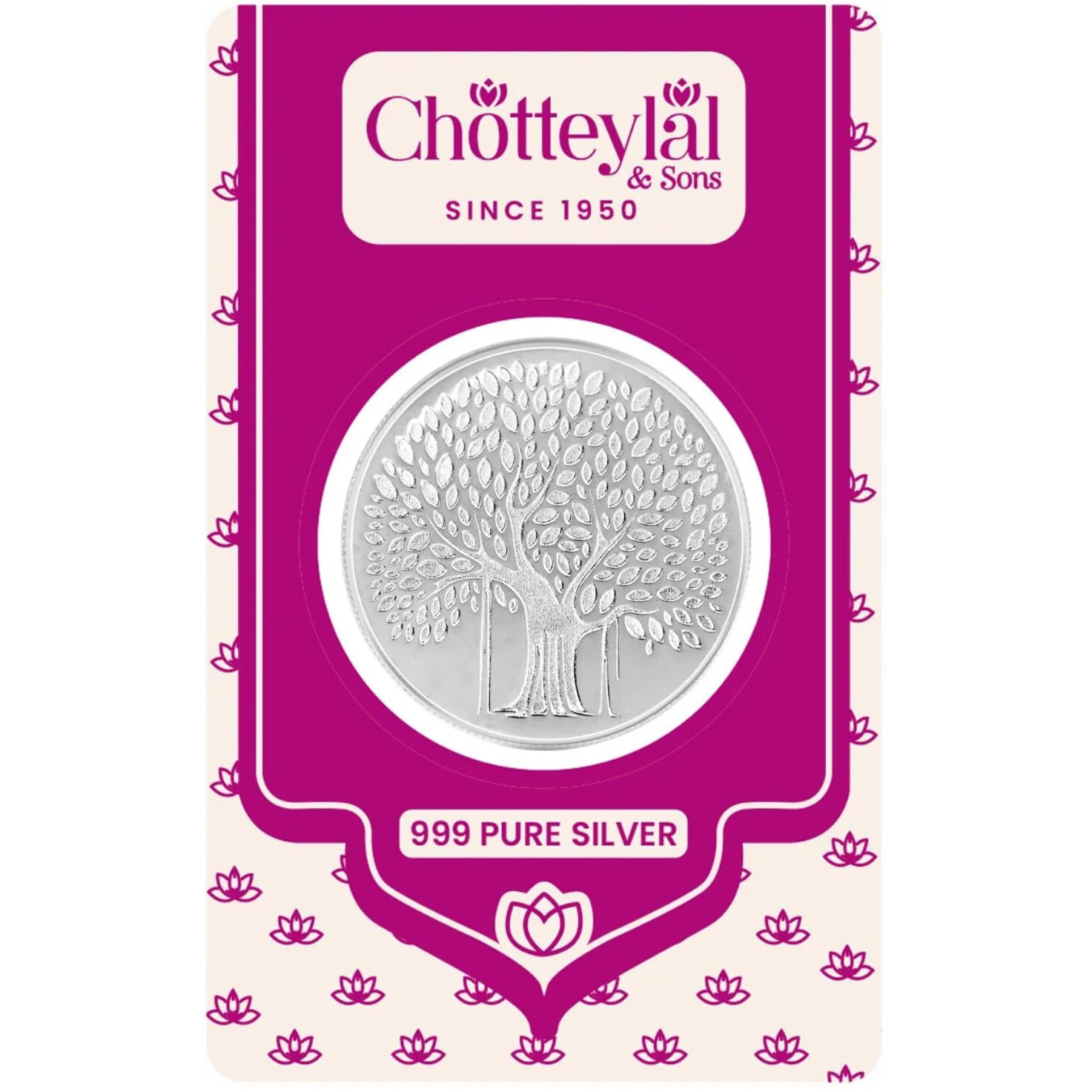 CHOTTEY LAL AND SONS 999 Purity Banyan Tree Round Silver Coin with Unique Blister Card Packaging for Coporate Gifting, Ceremony, Wedding and Festivals (Silver, 10 Gram)