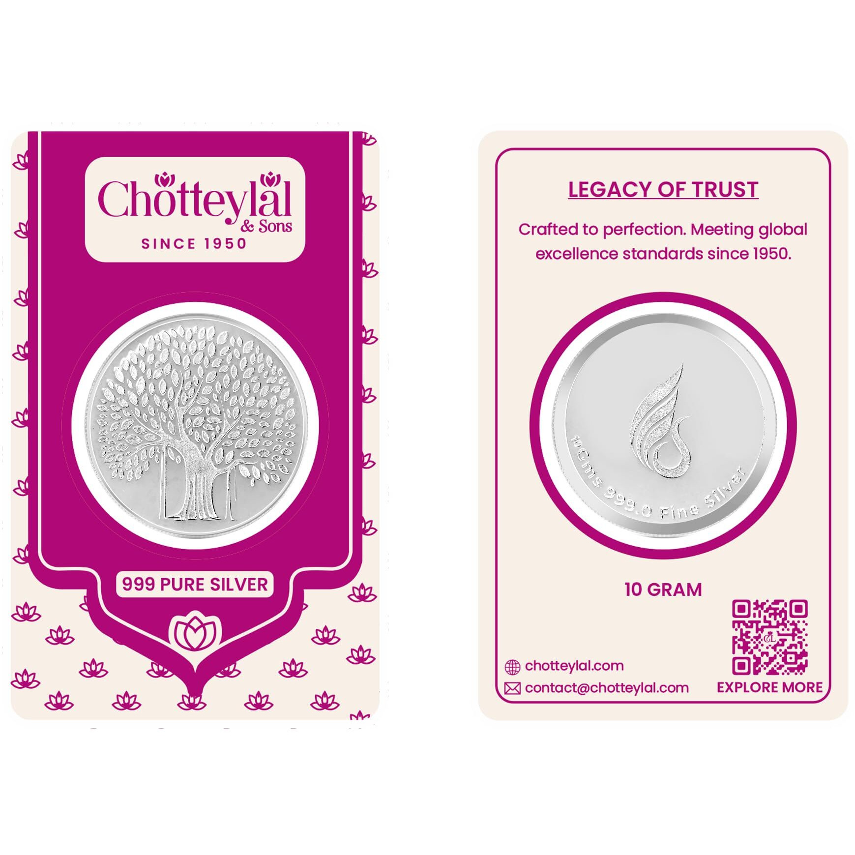 CHOTTEY LAL AND SONS 999 Purity Banyan Tree Round Silver Coin with Unique Blister Card Packaging for Coporate Gifting, Ceremony, Wedding and Festivals (Silver, 10 Gram)