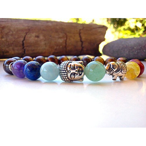 Young & Forever Gift Dvine Tiger Eye 7 chakra bracelet original Silver Buddha and Elephant Charm Natural Stone Unisex Bracelet for women