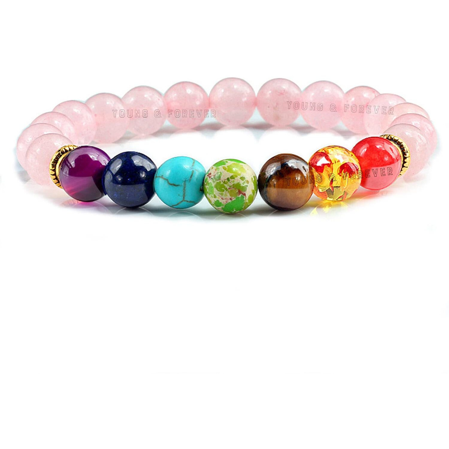 Young & Forever Gift DVine Natural Rose Quartz 7 Chakra Semi Precious Stones Charm Reiki Healing Yoga Meditation Crystal Fengshui 8mm Crystal Bracelet for Women