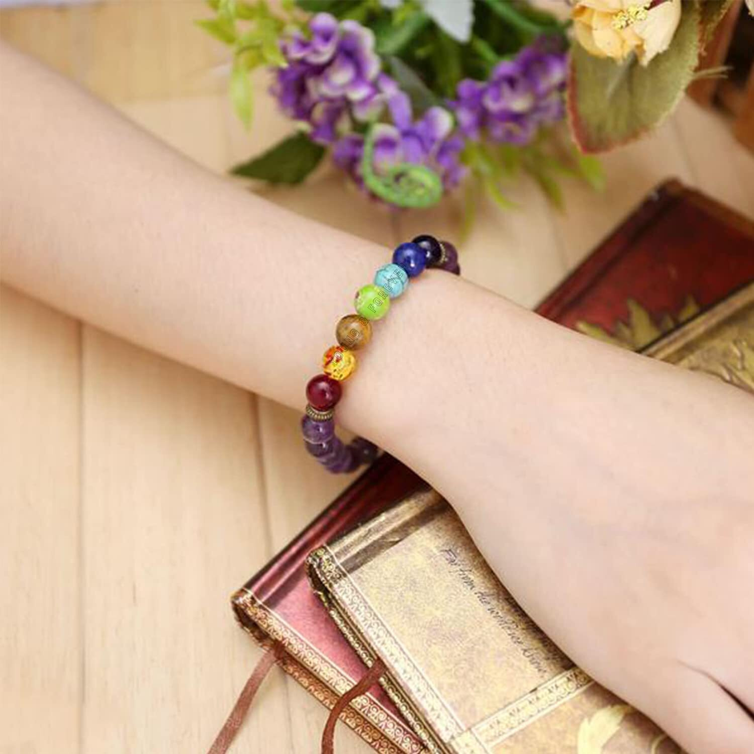Young & Forever Gift DVine Natural Rose Quartz 7 Chakra Semi Precious Stones Charm Reiki Healing Yoga Meditation Crystal Fengshui 8mm Crystal Bracelet for Women