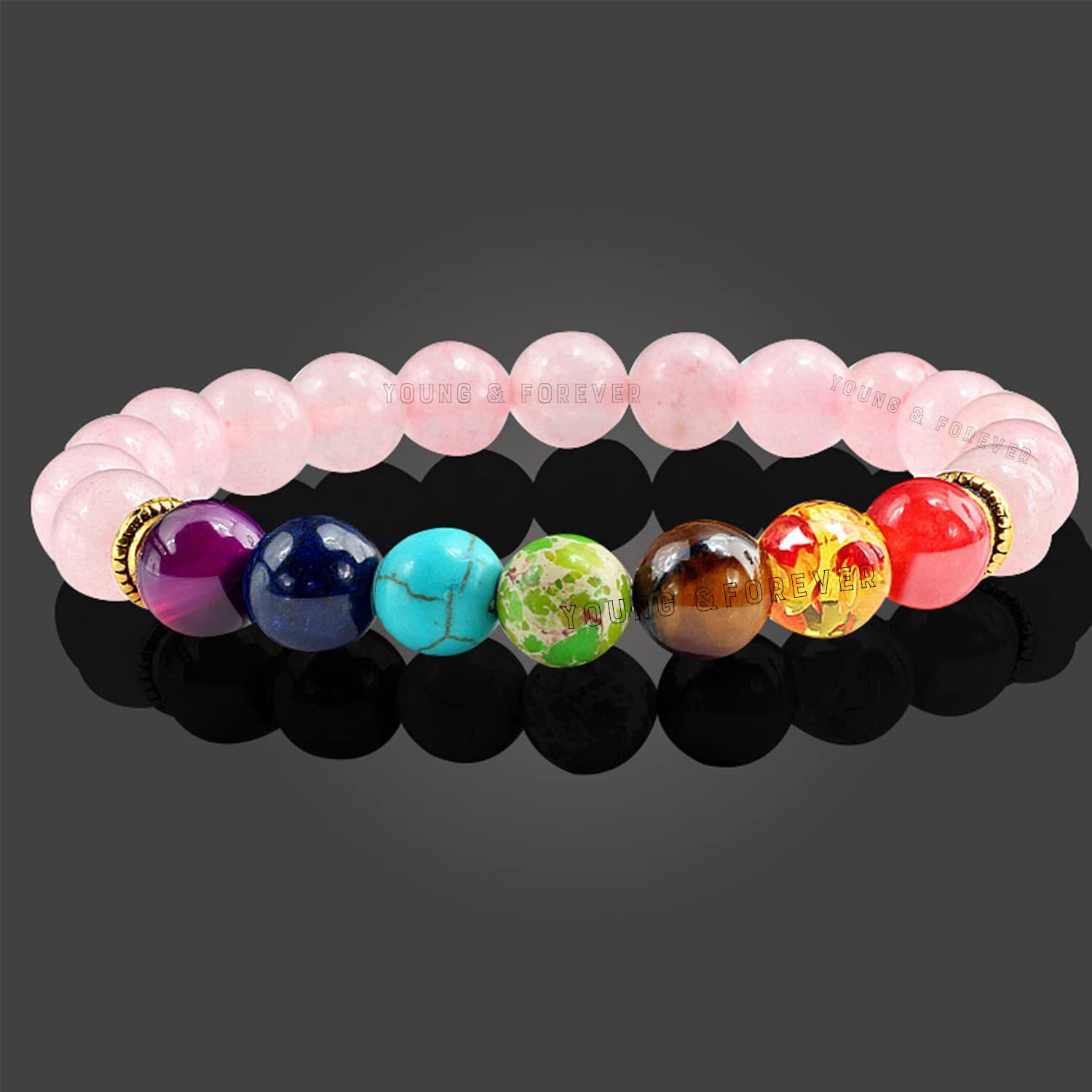 Young & Forever Gift DVine Natural Rose Quartz 7 Chakra Semi Precious Stones Charm Reiki Healing Yoga Meditation Crystal Fengshui 8mm Crystal Bracelet for Women
