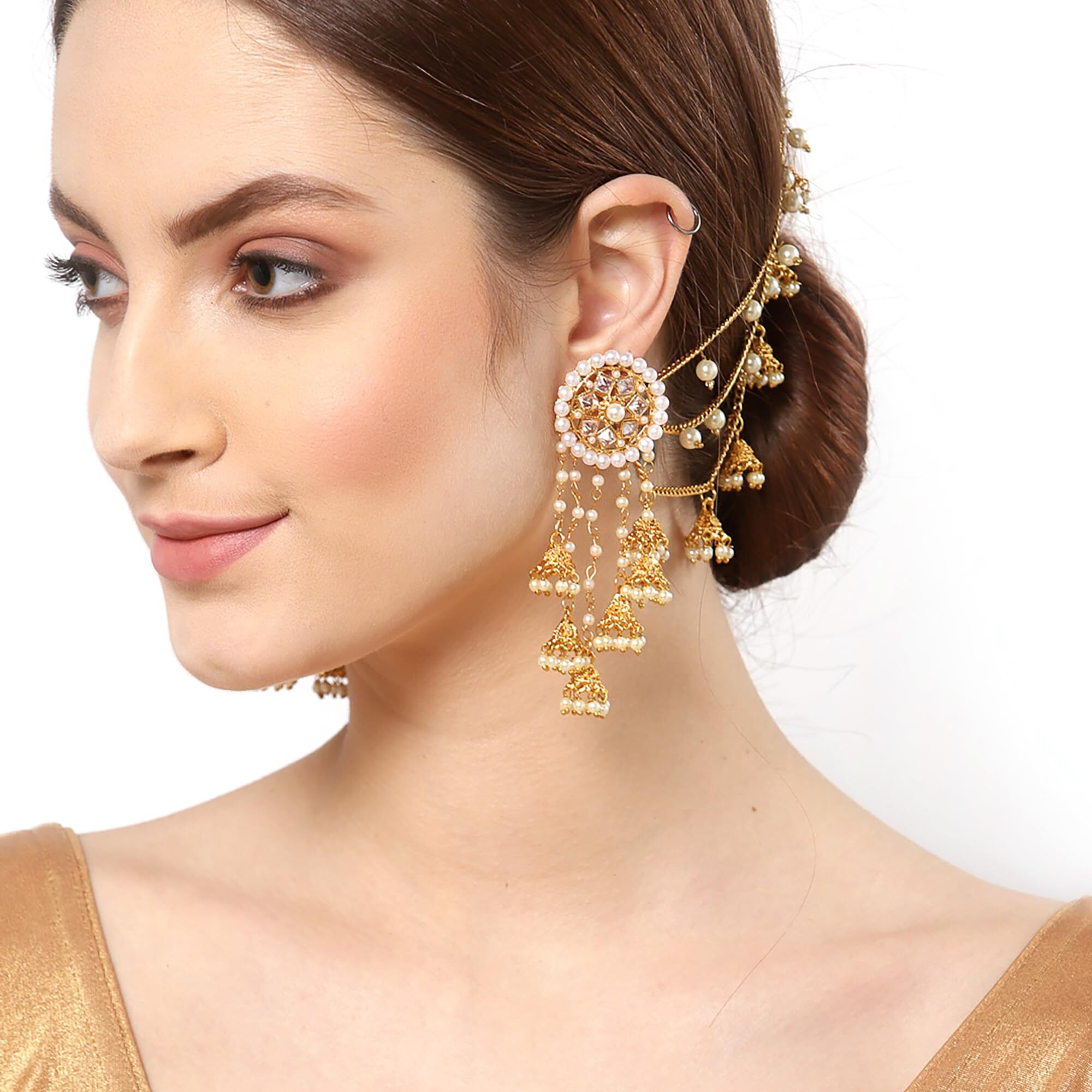 ZENEME Traditional Stylish Gold Plated Polki & Pearl Bahubali Jhumki Jhumka Earrings Jewellery For Girls And Women (Design 1)