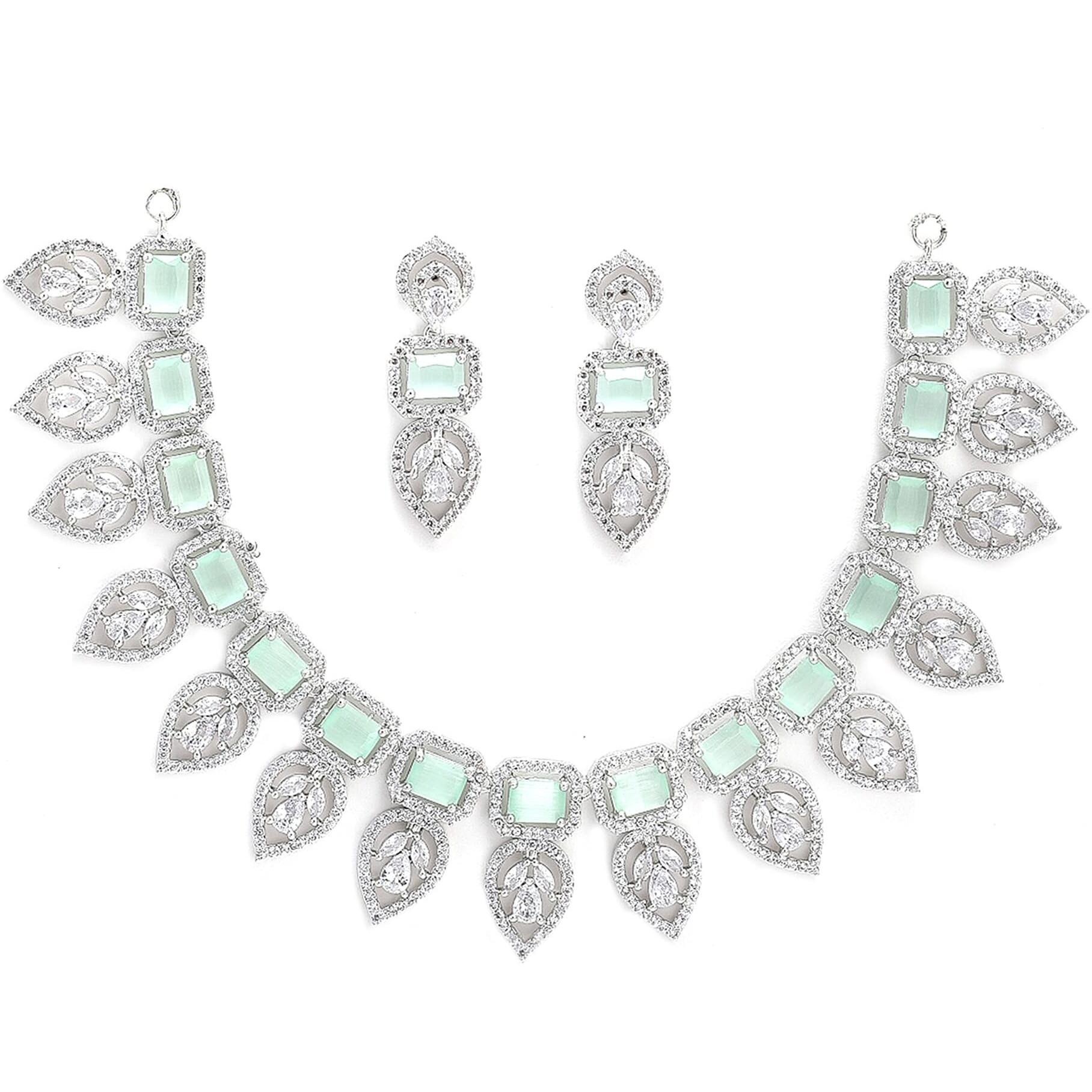 ZENEME Jewellery Set Leaf Style AD/American Diamond Rectangle Shaped Studded Rose Gold Plated Handcrafted Circle Necklace Set for Women & Girls (Mint White)