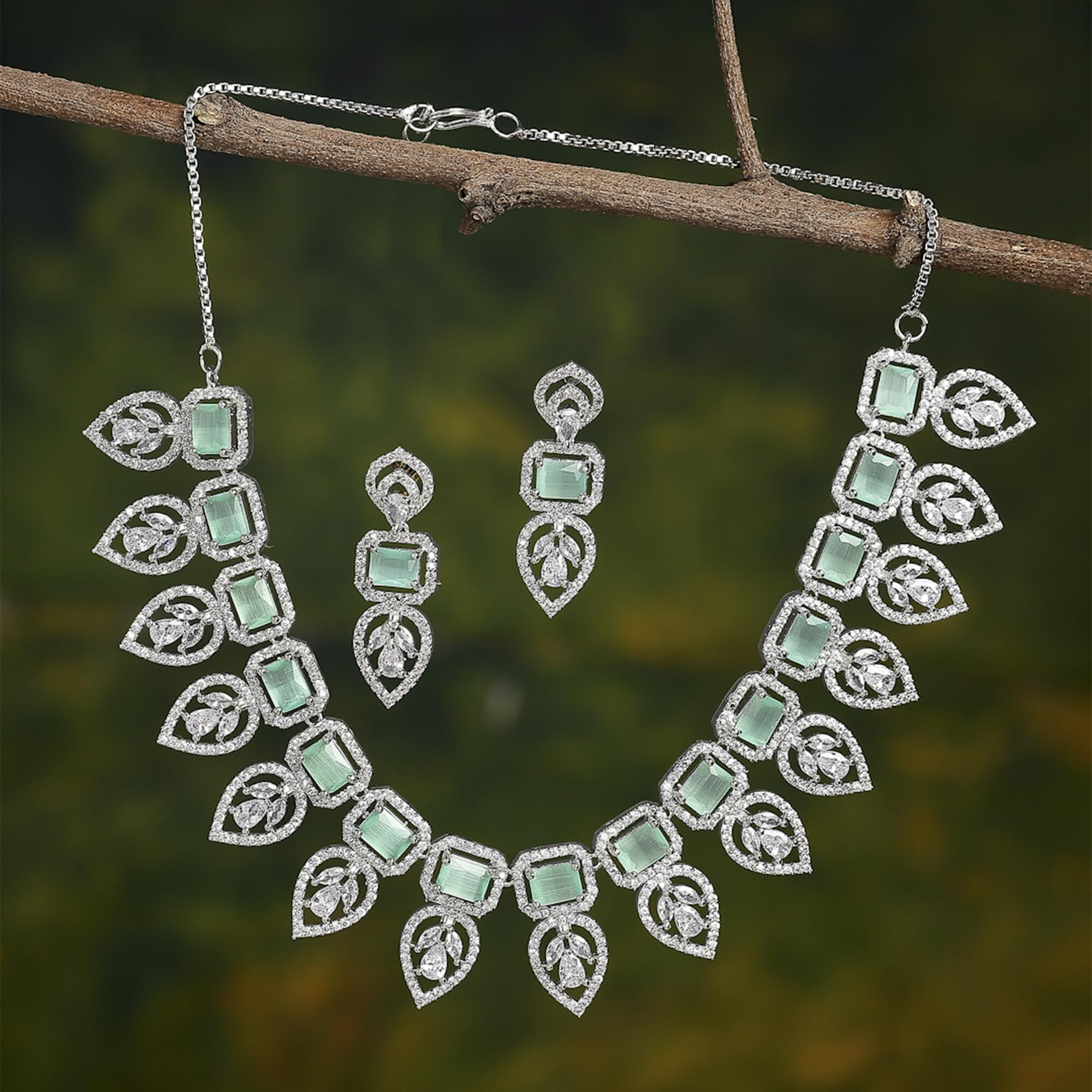 ZENEME Jewellery Set Leaf Style AD/American Diamond Rectangle Shaped Studded Rose Gold Plated Handcrafted Circle Necklace Set for Women & Girls (Mint White)