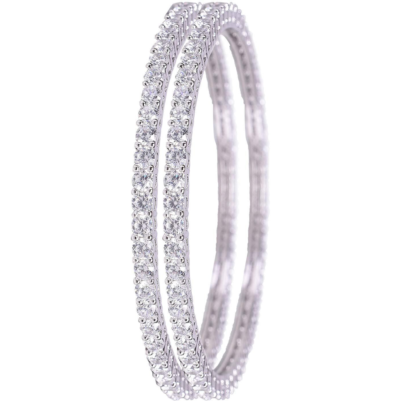 Ratnavali Jewels Beautiful CZ/AD American Diamond Studded Silver White Plated Traditional Round Solitaire Bangles Set for Women RV3152W-2.8