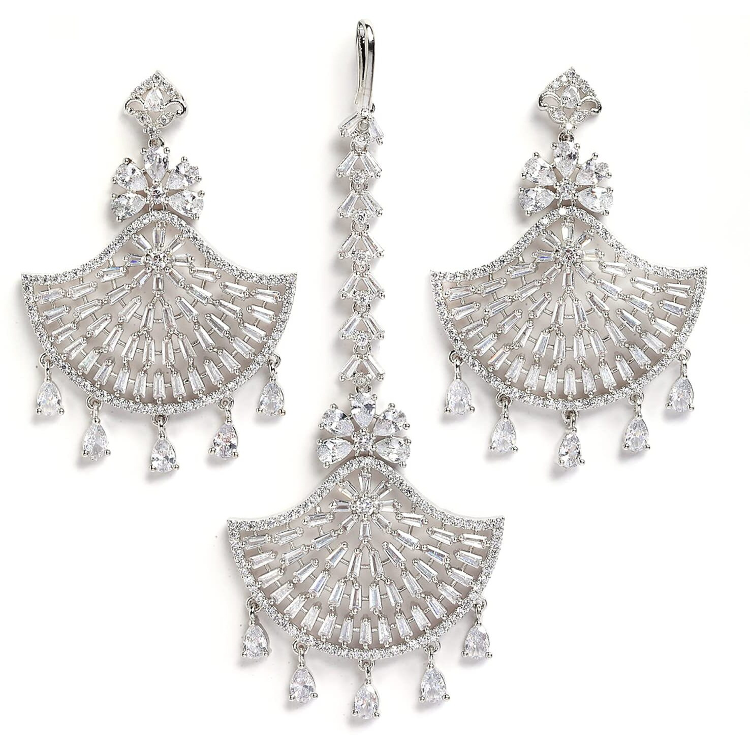 ZENEME Stylish Shiny Round Design Rodhium-Plated Maang Tikka Earring Set Jewellery For Women and Girls (Design 4)