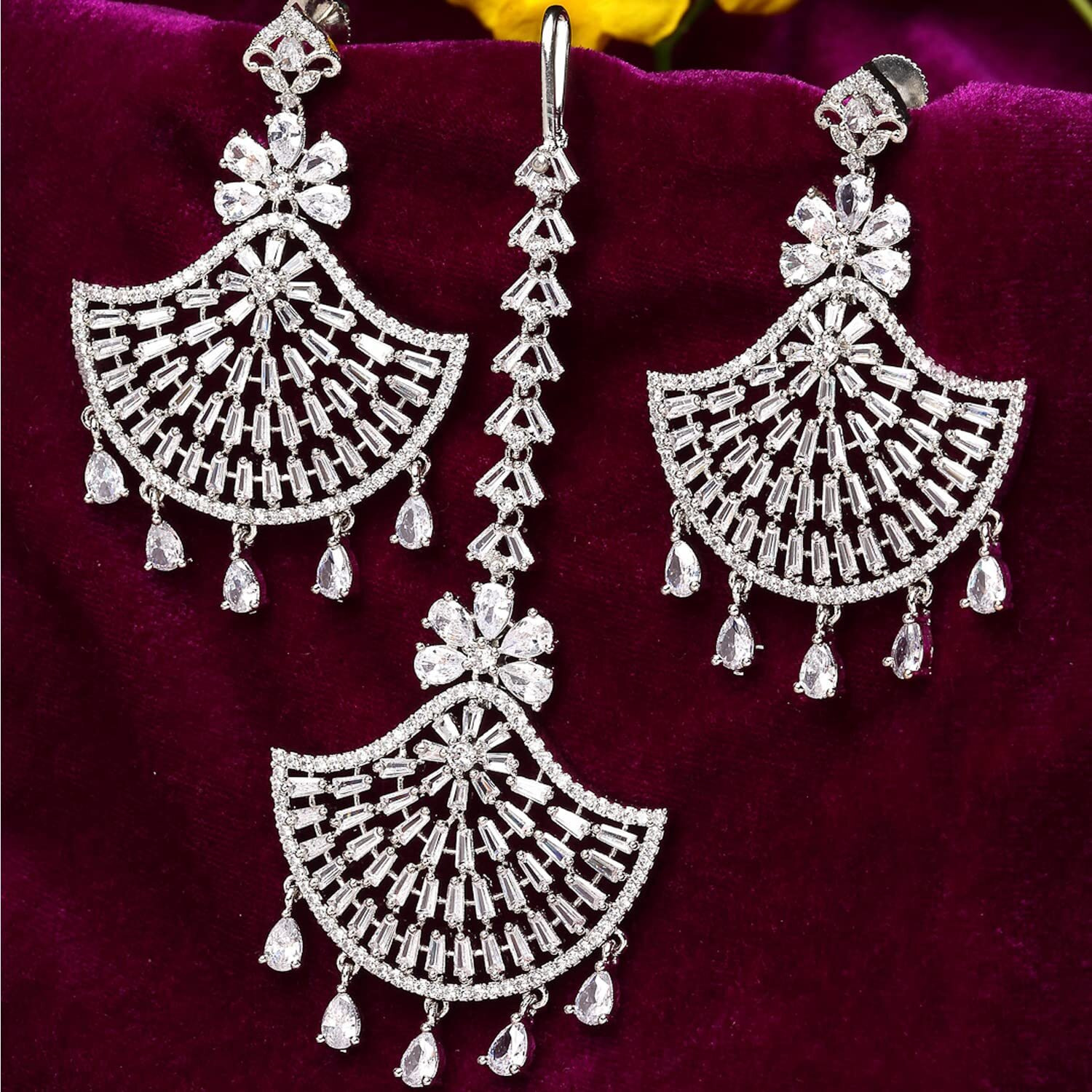 ZENEME Stylish Shiny Round Design Rodhium-Plated Maang Tikka Earring Set Jewellery For Women and Girls (Design 4)