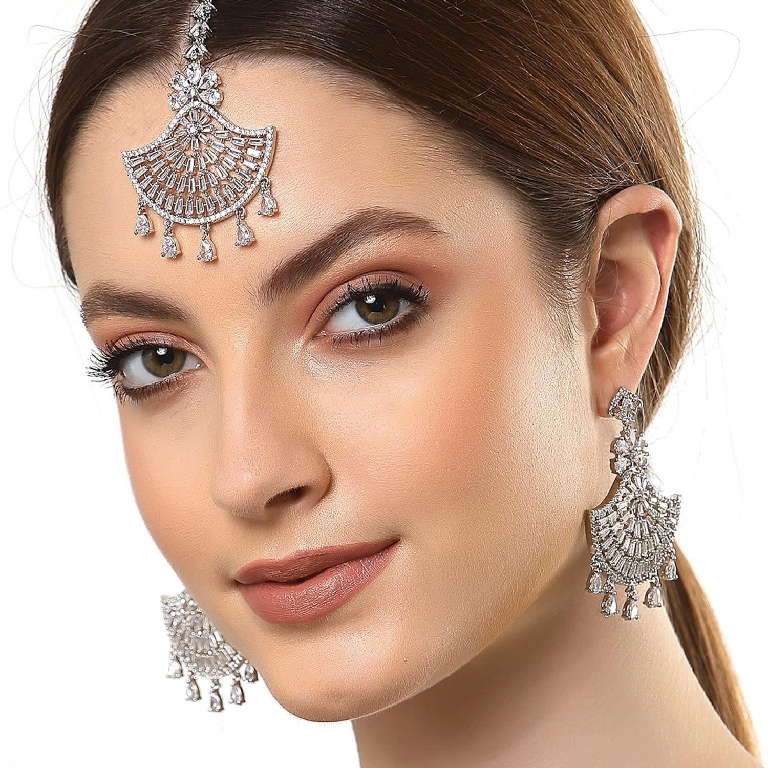 ZENEME Stylish Shiny Round Design Rodhium-Plated Maang Tikka Earring Set Jewellery For Women and Girls (Design 4)