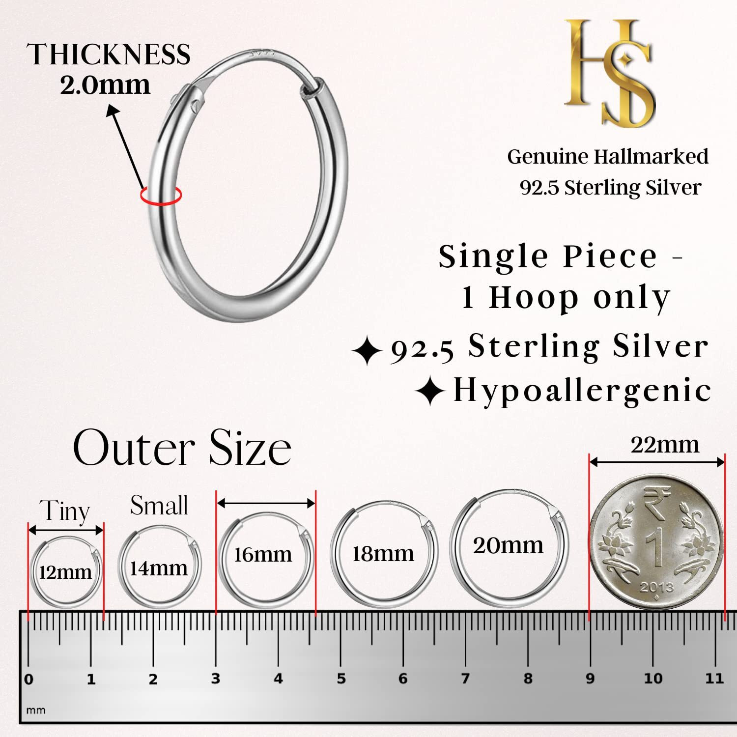 HIGHSPARK 925 Silver Mens Hoop Earring | 92.5 Sterling Silver & Stunning Shine | Single Hoop Thickness 2.0mm (Gauge 12G) & in Sizes 12mm to 20mm | Single Hoop for Men - Silver 12mm