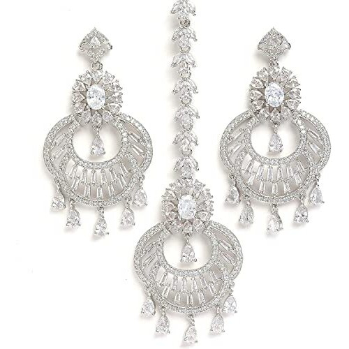 ZENEME Rodhium-Plated American Diamond Studded Maang Tikka With Earring Jewellery For Women and Girls (Design 2)