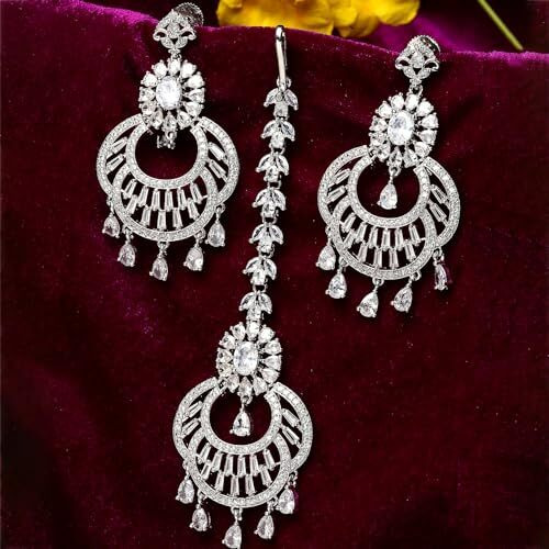ZENEME Rodhium-Plated American Diamond Studded Maang Tikka With Earring Jewellery For Women and Girls (Design 2)