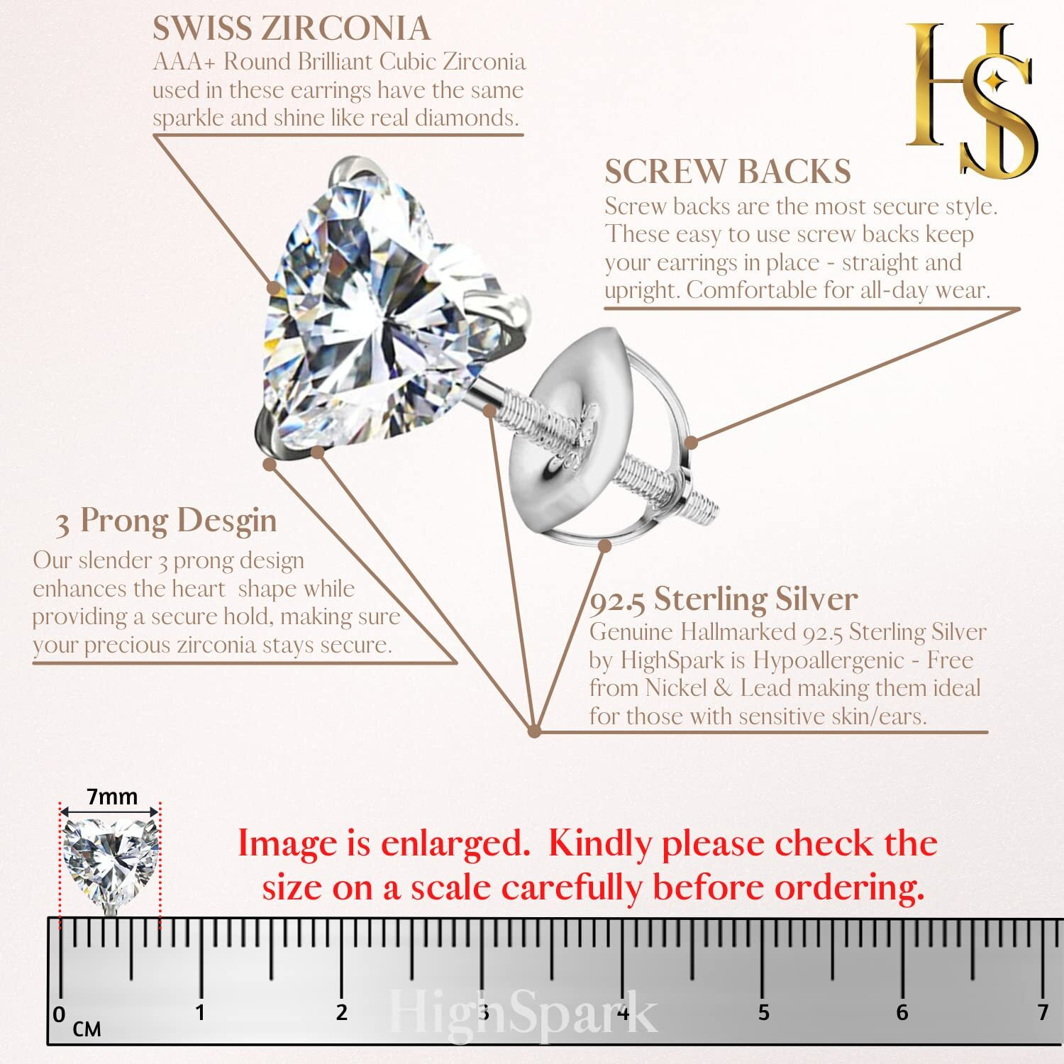 HIGHSPARK 925 SIlver Heart Solitaire Screwback Stud Earrings | 92.5 Sterling Silver & Heart Brilliant Cubic Zirconia Tops for Men Women Boys & Girls | Silver 6mm