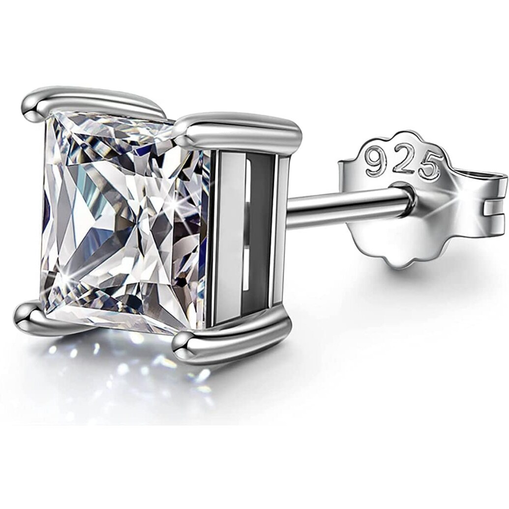 HIGHSPARK 925 Silver Mens Square Solitaire Stud Earring | 92.5 Sterling Silver and Diamond like Brilliance Sparkling Zirconia | Single Stud for Men | Lovely Gift - Silver 5mm