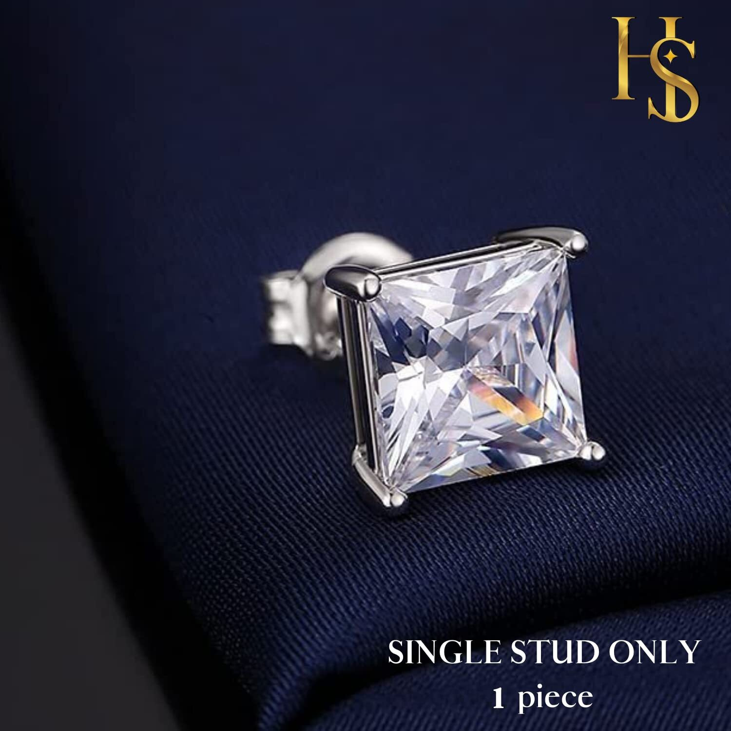 HIGHSPARK 925 Silver Mens Square Solitaire Stud Earring | 92.5 Sterling Silver and Diamond like Brilliance Sparkling Zirconia | Single Stud for Men | Lovely Gift - Silver 5mm