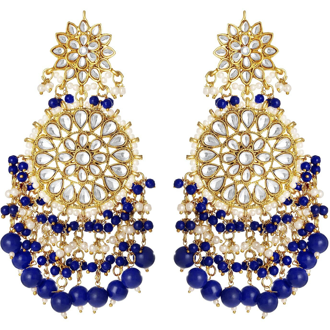 Peora Gold Plated Kundan Pearl Blue Chandbali Long Dangle Earrings for Women