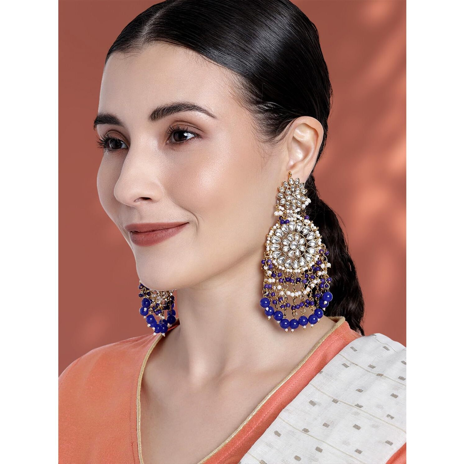 Peora Gold Plated Kundan Pearl Blue Chandbali Long Dangle Earrings for Women