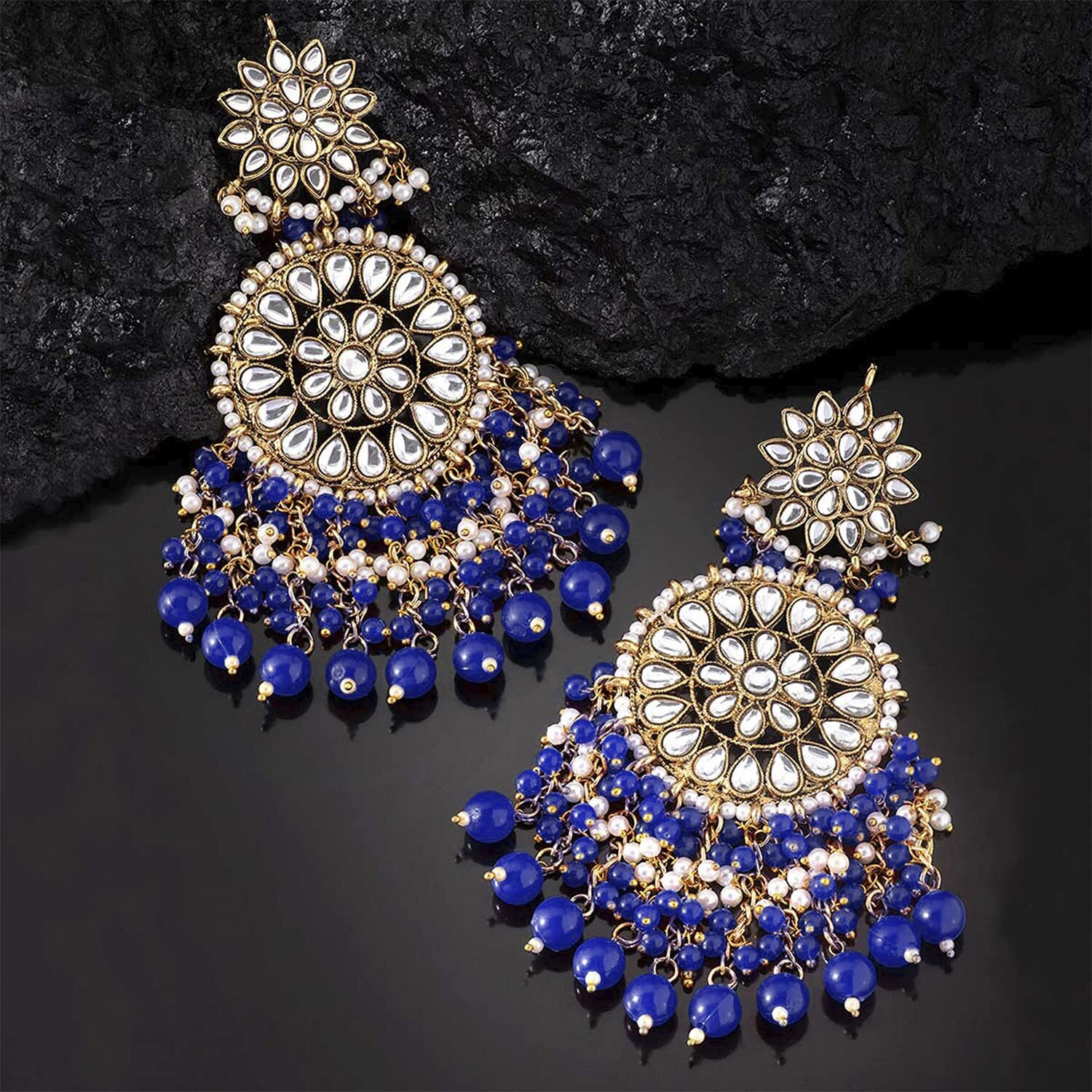 Peora Gold Plated Kundan Pearl Blue Chandbali Long Dangle Earrings for Women