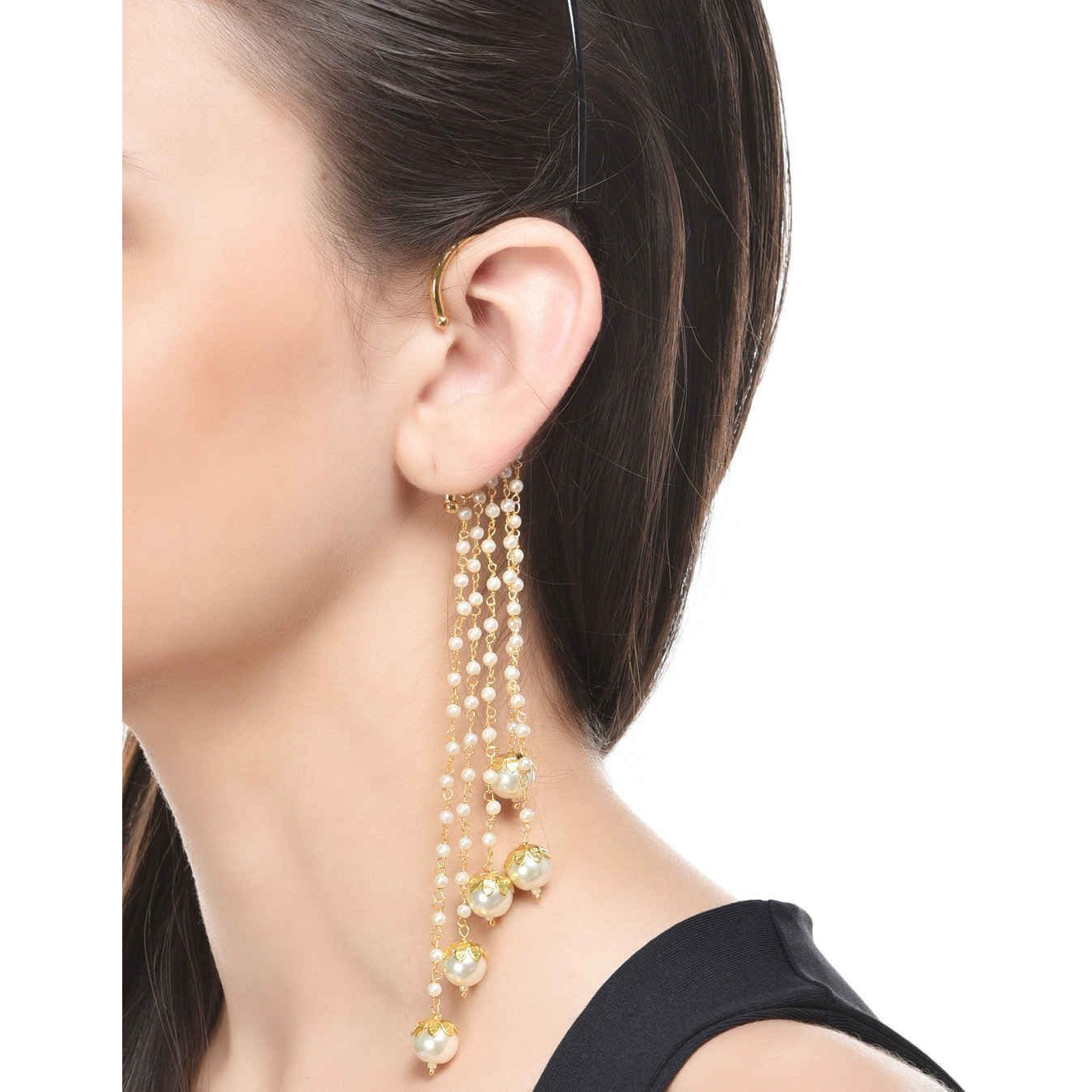 Shining Diva Gold Plated Pearl Stylish Fancy Ear Cuffs Traditional Earrings for Women & Girls (White) (rr6814ec)