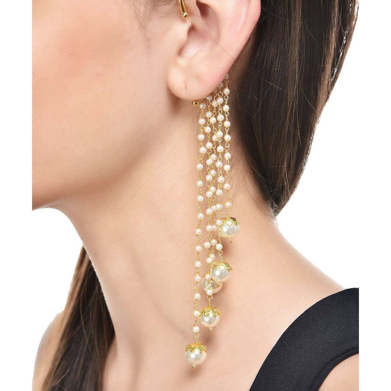 Shining Diva Gold Plated Pearl Stylish Fancy Ear Cuffs Traditional Earrings for Women & Girls (White) (rr6814ec)