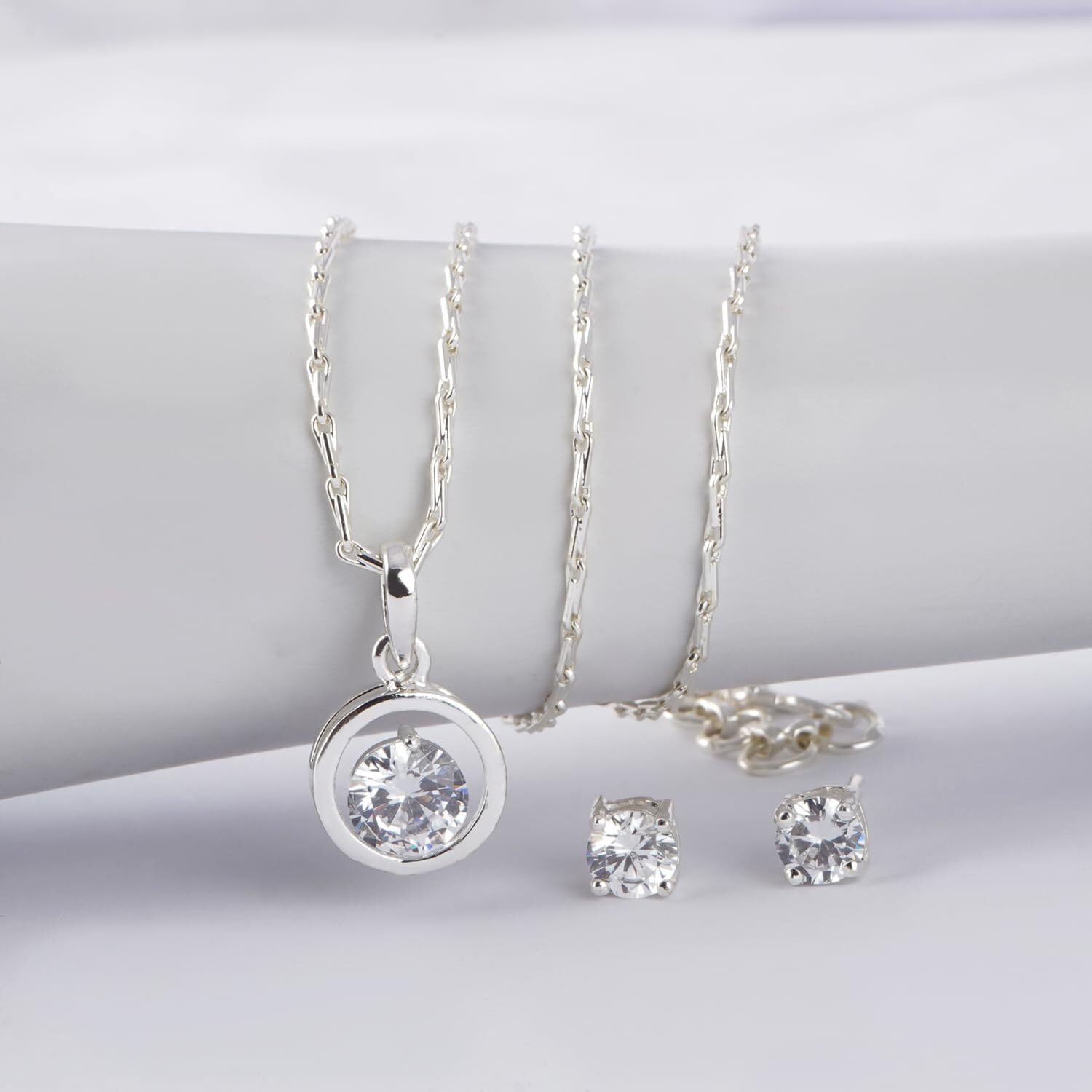 JFL - Jewellery for Less Western Fashion Silver Whitegold Plated Cubic Zircon Center Heart Solitaire Pendant with Chain for Women and Girls.,Valentine