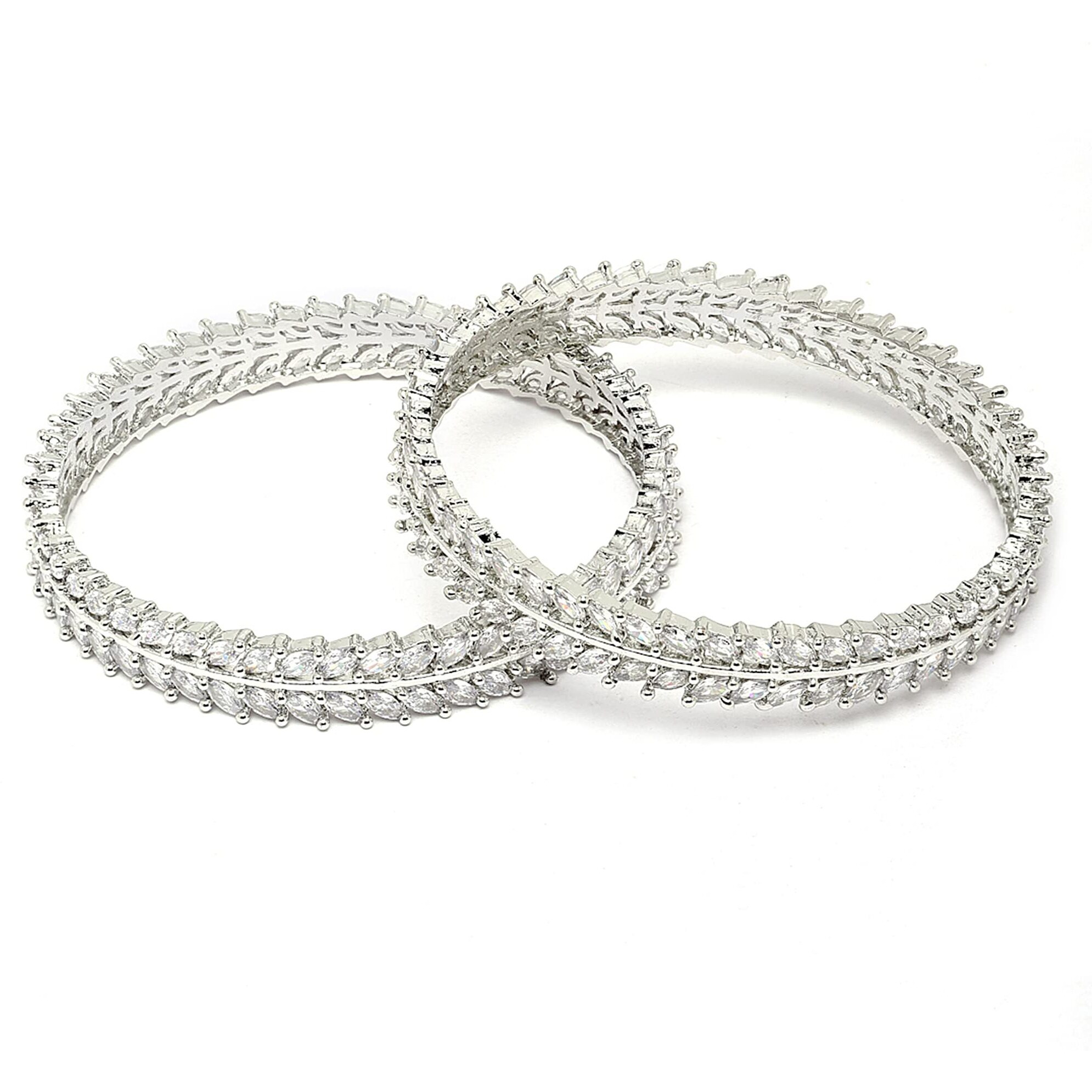 ZENEME Rhodium-Plated Silver Toned White American Diamond studded Lead Shape Bangle Jewelry Set for Girls and Women (Set Of 2) (2.8)