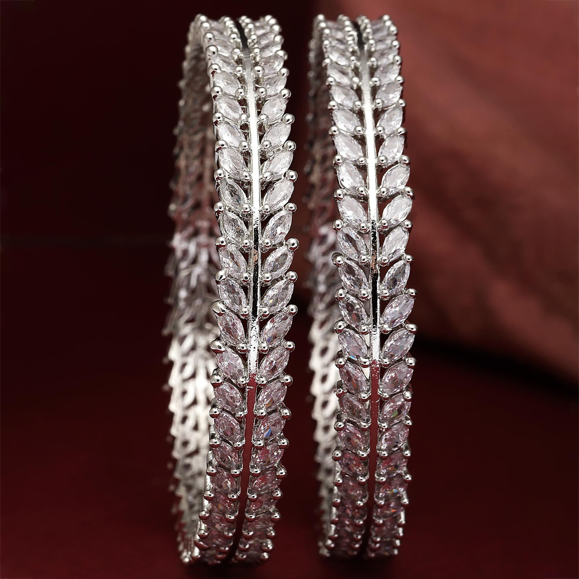ZENEME Rhodium-Plated Silver Toned White American Diamond studded Lead Shape Bangle Jewelry Set for Girls and Women (Set Of 2) (2.8)