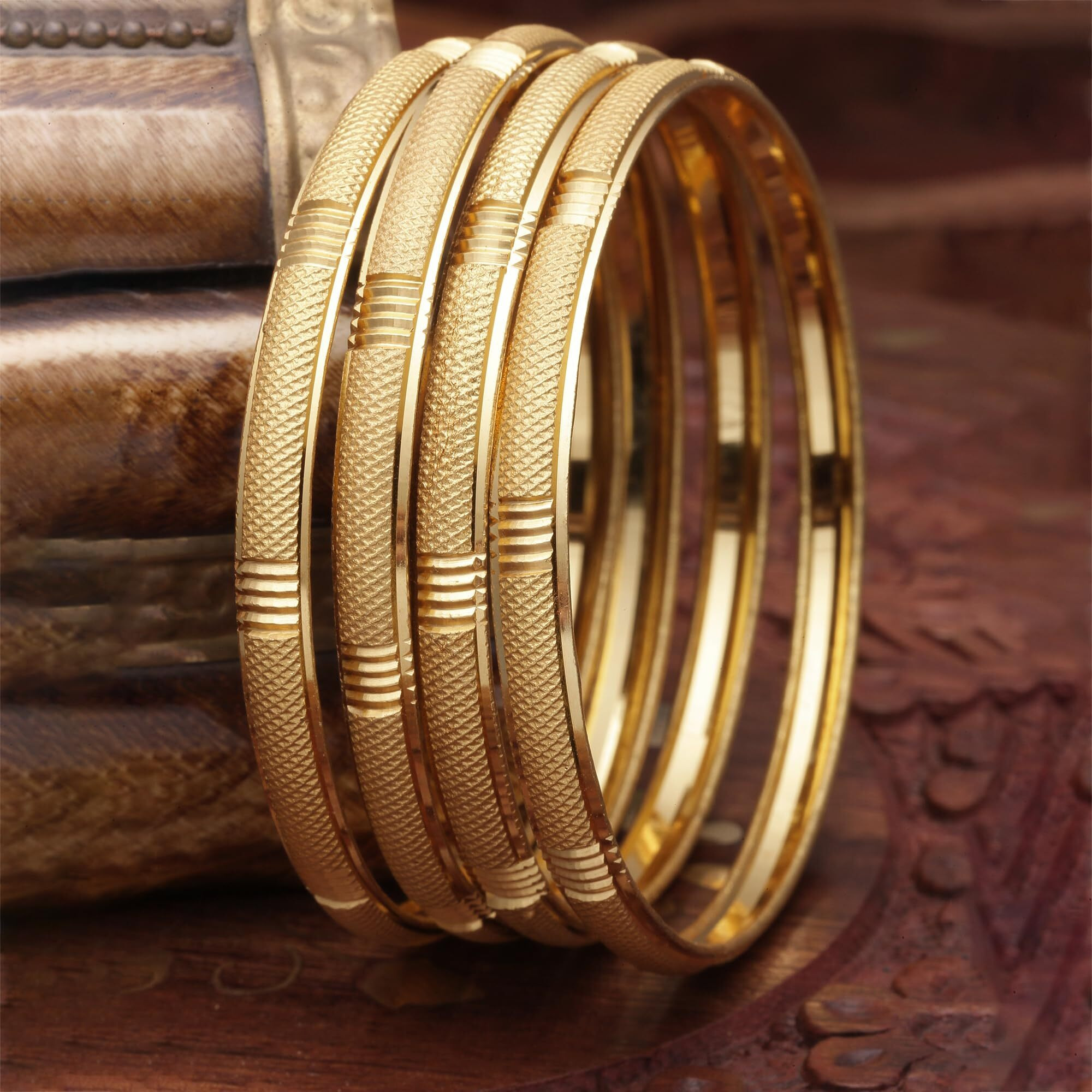 ZENEME Set Of 4 Gold-Plated Classic Textured Handcrafted Bangles (2.8)