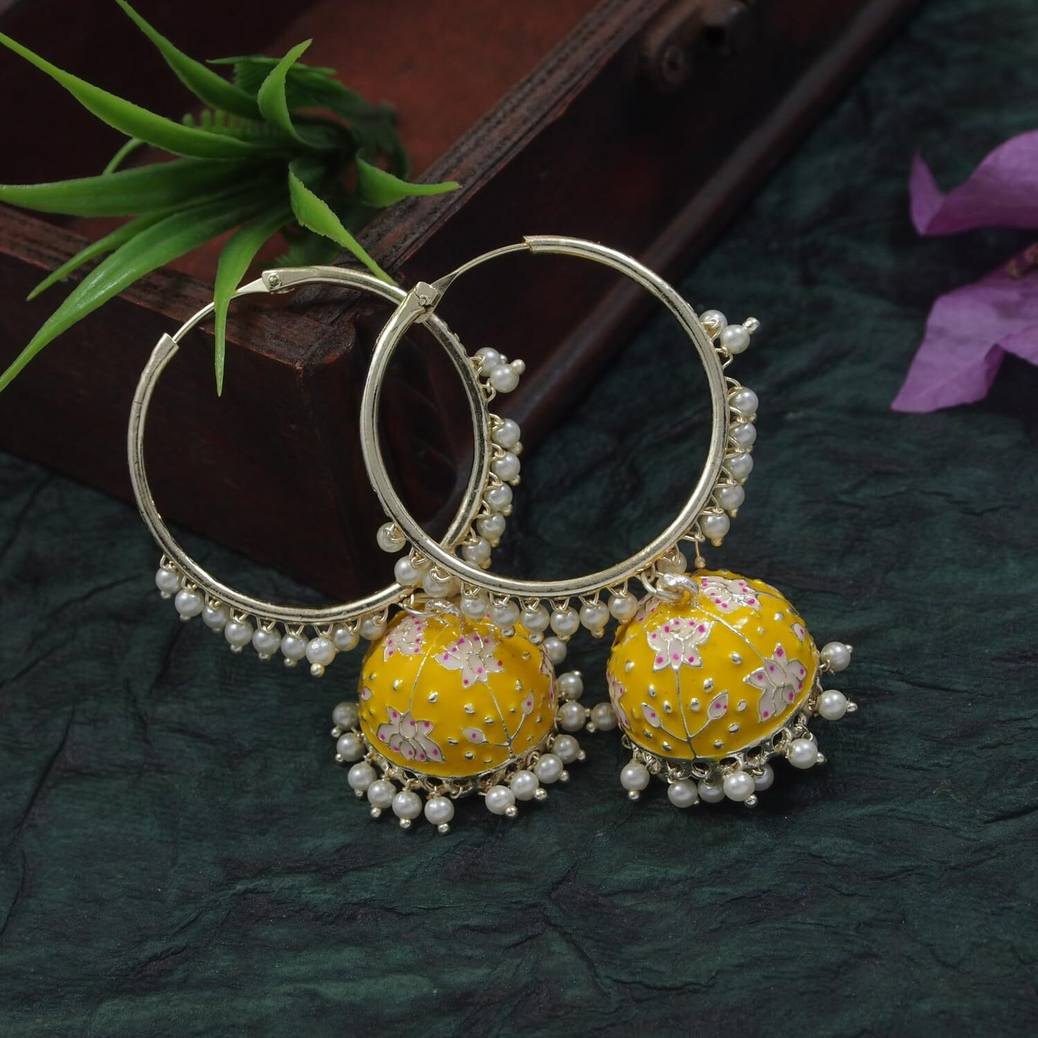 I Jewels 18K Gold Plated Traditional Handcrafted Meenakari work Jhumki Earrings for Women/Girls (Yellow)