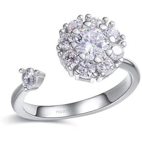 HighSpark 925 Silver Solitaire Rings for Women | Adjustable Contemporary Style | 92.5 Sterling Silver & Diamond Like Brilliance Sparkling Zirconia | Lovely Gift - Flower