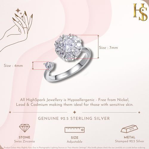HighSpark 925 Silver Solitaire Rings for Women | Adjustable Contemporary Style | 92.5 Sterling Silver & Diamond Like Brilliance Sparkling Zirconia | Lovely Gift - Flower