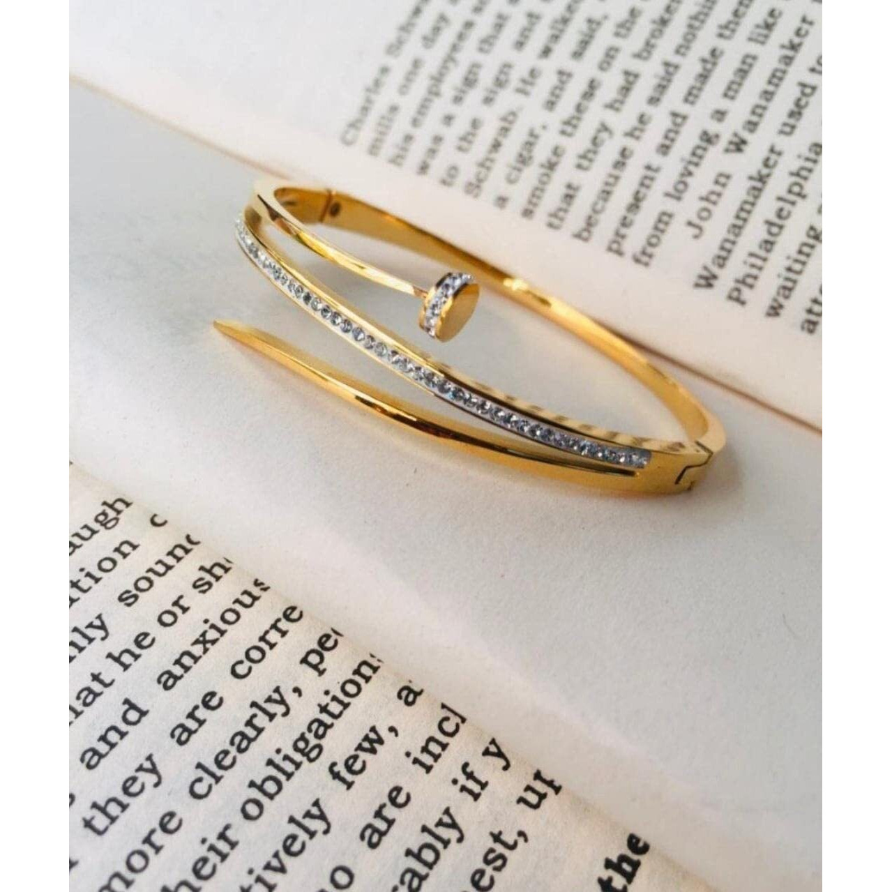Glamlife Anti Tarnish Studded Cuff Nail Design Bracelet for Women and Girls, Stylish Bracelet Gift for Girls and Women, Stone Charming Shaped Bracelet for Women (Gold, 24)