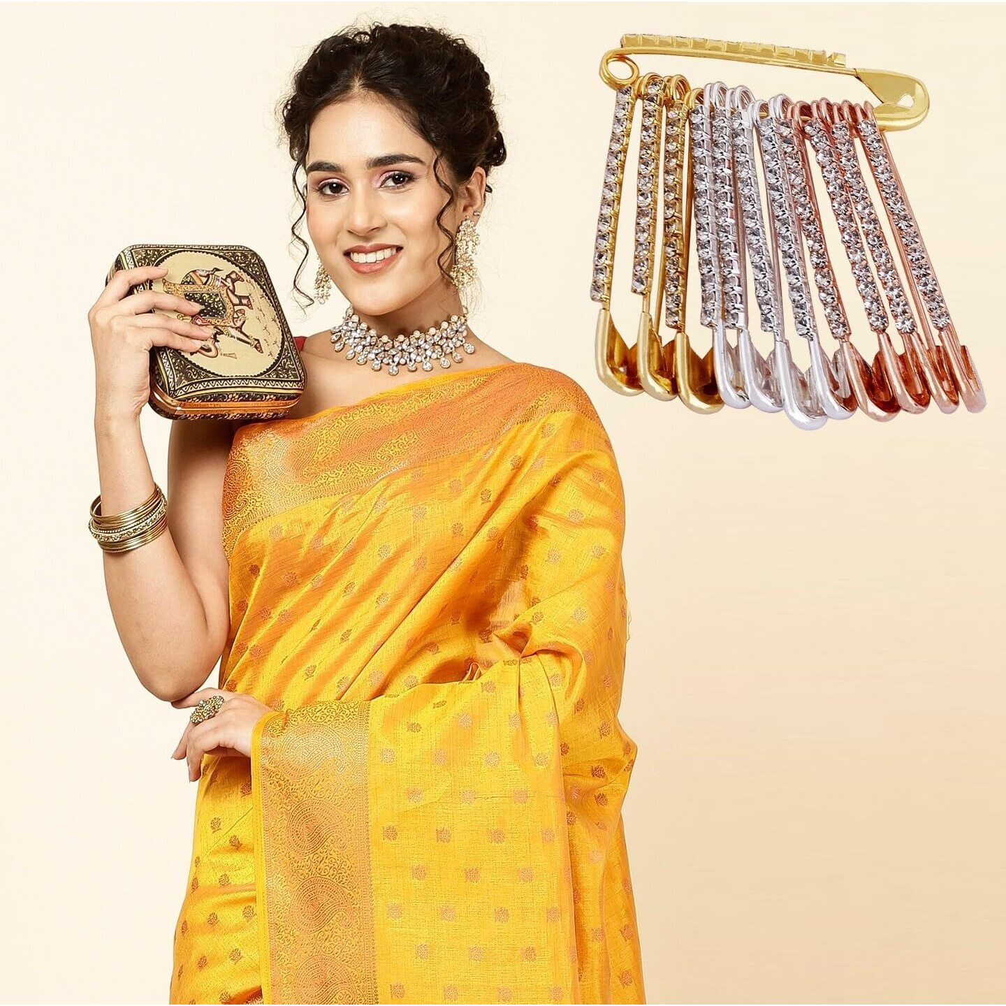 VAMA FASHIONS Stone Safety Saree Pin Dress Kurtis Pallu Dupatta Chunari Scarf Sari Pleats Pins for women - 3 Sets (Saree pin brooch)