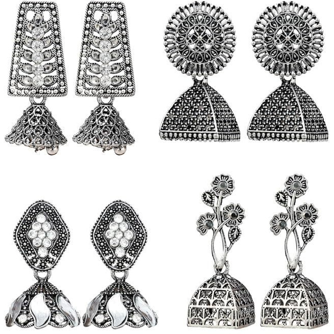 Fashion Frill Silver Earrings For Women Floral Oxidized Silver Jhumka Jhumki Earrings For Women Girls Pack of 4
