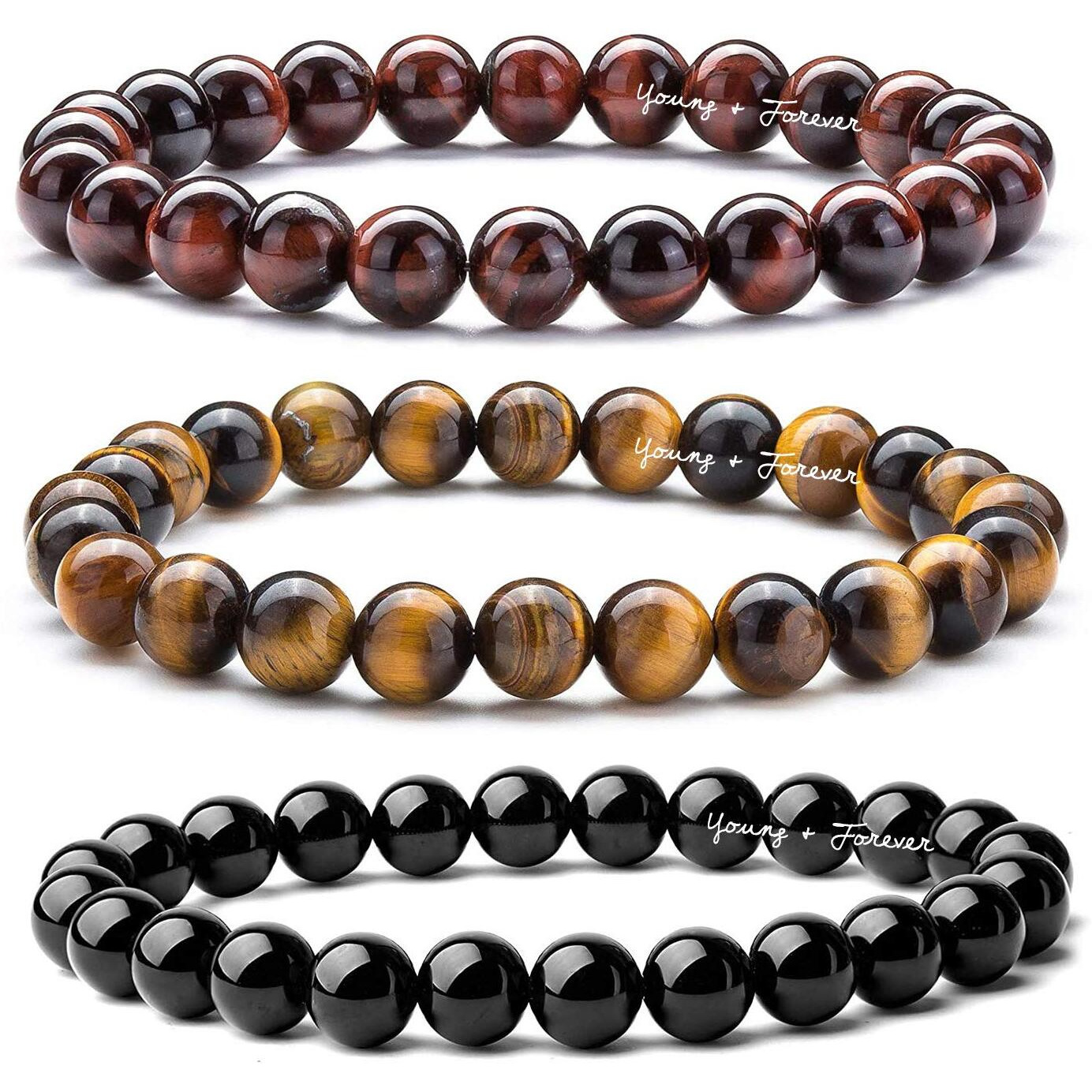 Young & Forever Gift Reiki Infused Handmade Chakra Bracelet Semi Precious Gemstone Onyx Tigers Eye & Red Tigers Eye Natural Stone Bracelet For Womens Pack Of 3