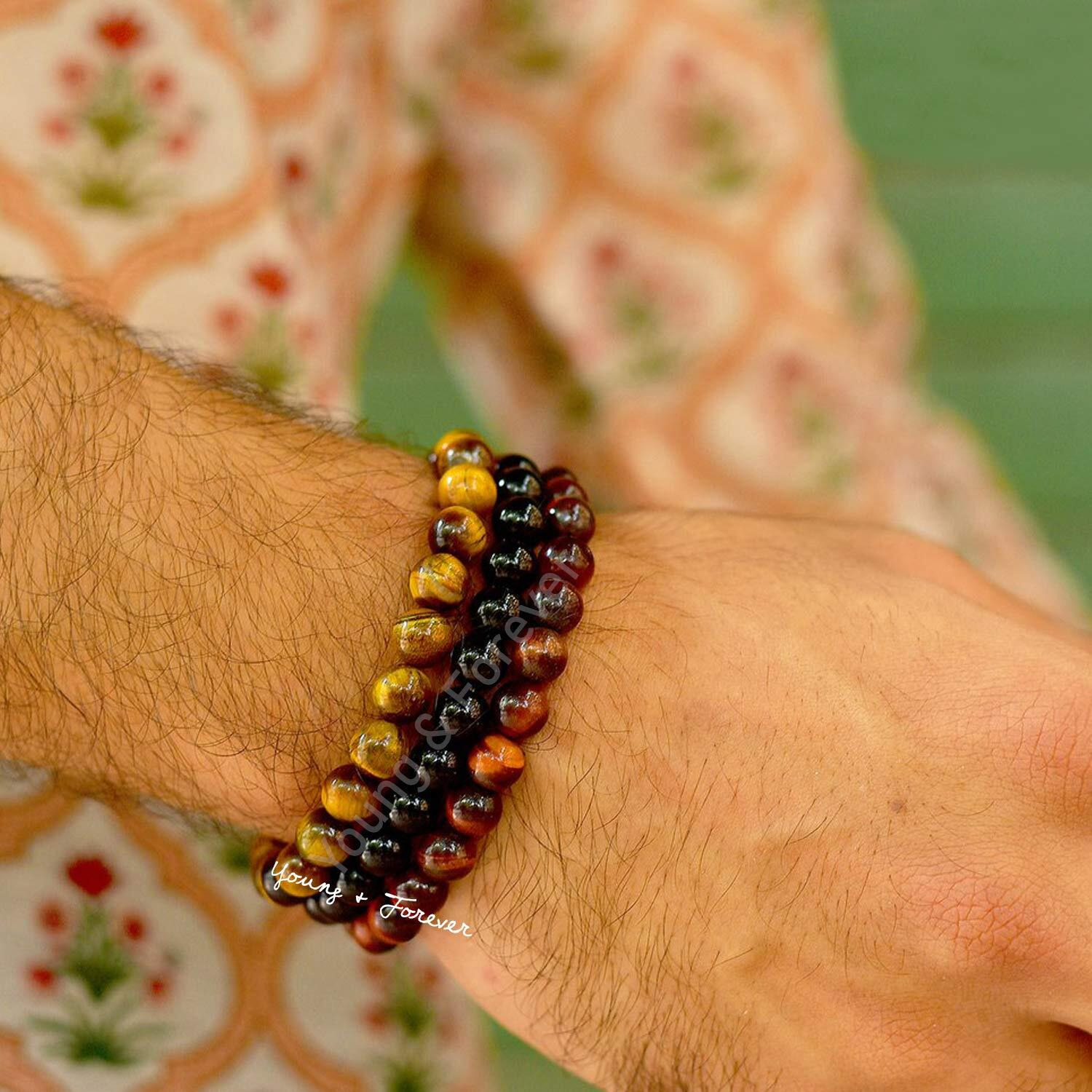 Young & Forever Gift Reiki Infused Handmade Chakra Bracelet Semi Precious Gemstone Onyx Tigers Eye & Red Tigers Eye Natural Stone Bracelet For Womens Pack Of 3