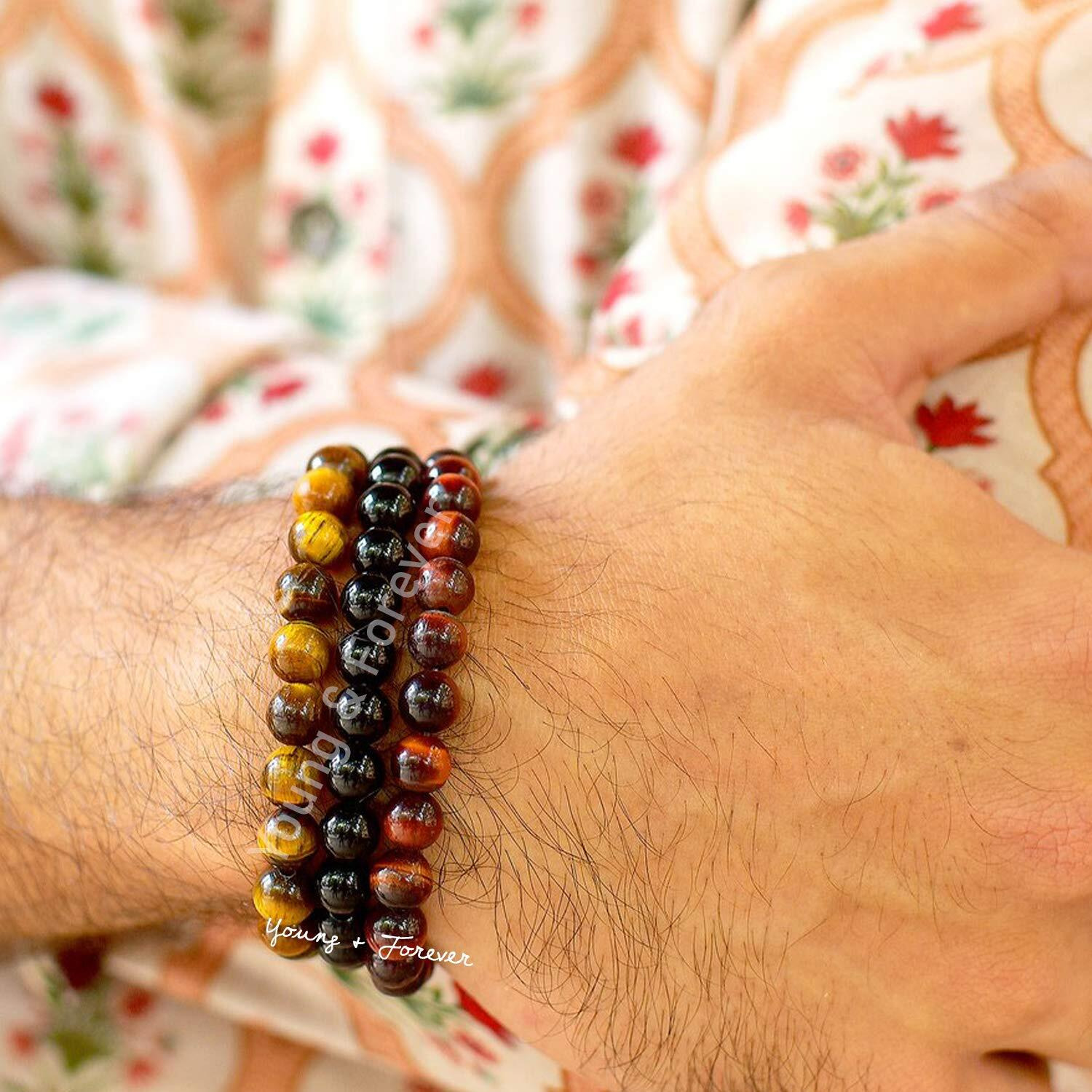 Young & Forever Gift Reiki Infused Handmade Chakra Bracelet Semi Precious Gemstone Onyx Tigers Eye & Red Tigers Eye Natural Stone Bracelet For Womens Pack Of 3