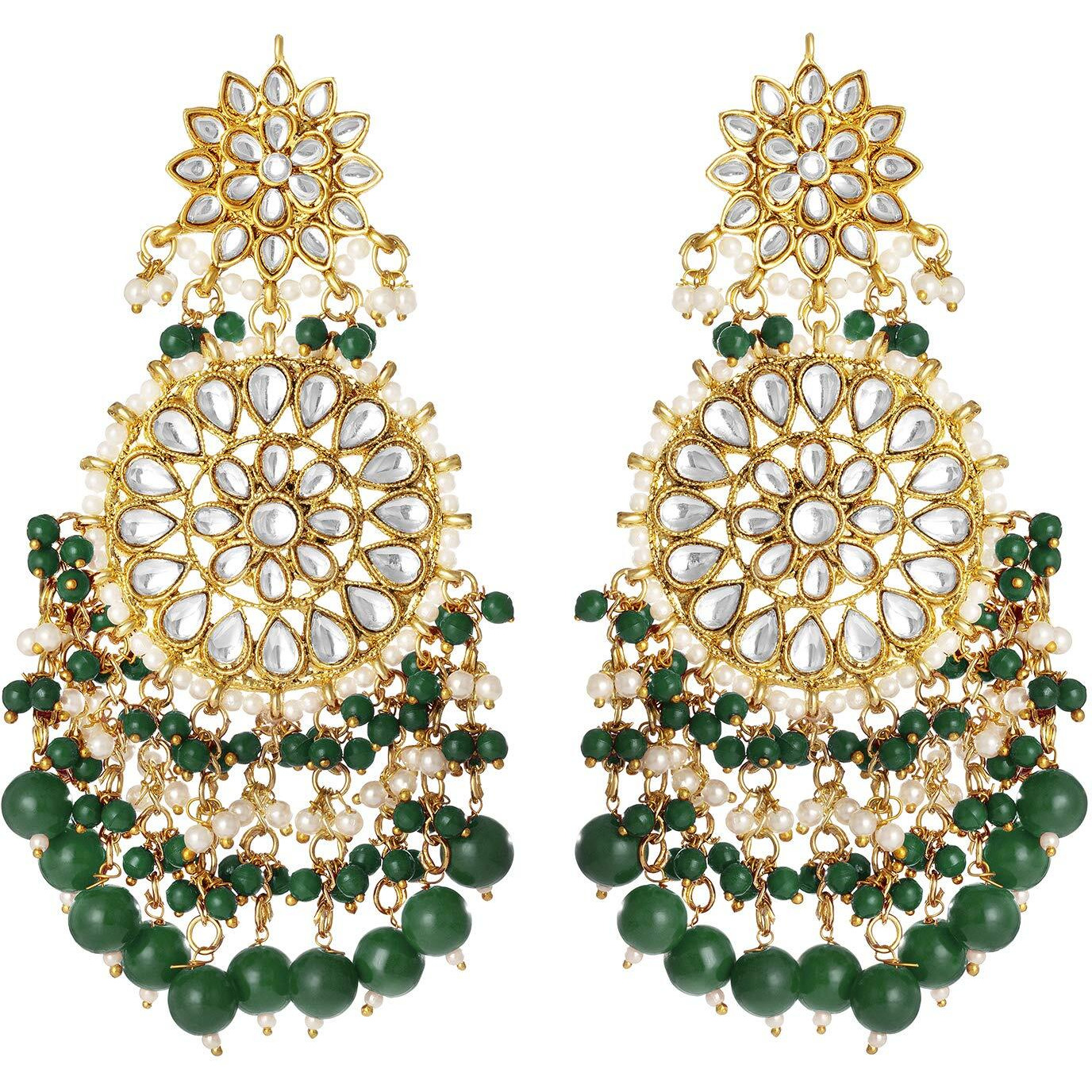 Peora Traditional Gold-Plated Brass & Kundan Dangle Earrings For Women & Girls, Green