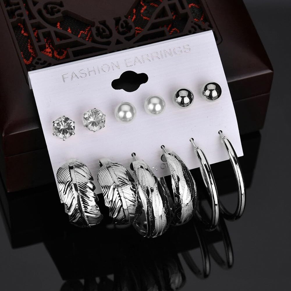 Shining Diva Fashion Latest Stylish Combo Design 6 Pairs Metal Earrings for Women and Girls (13100er), (Silver)