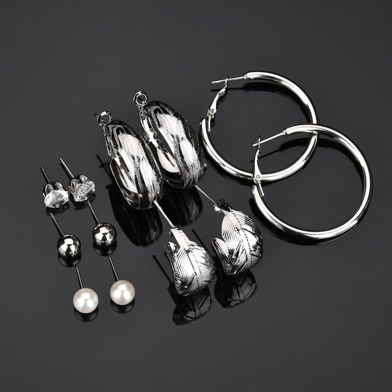 Shining Diva Fashion Latest Stylish Combo Design 6 Pairs Metal Earrings for Women and Girls (13100er), (Silver)