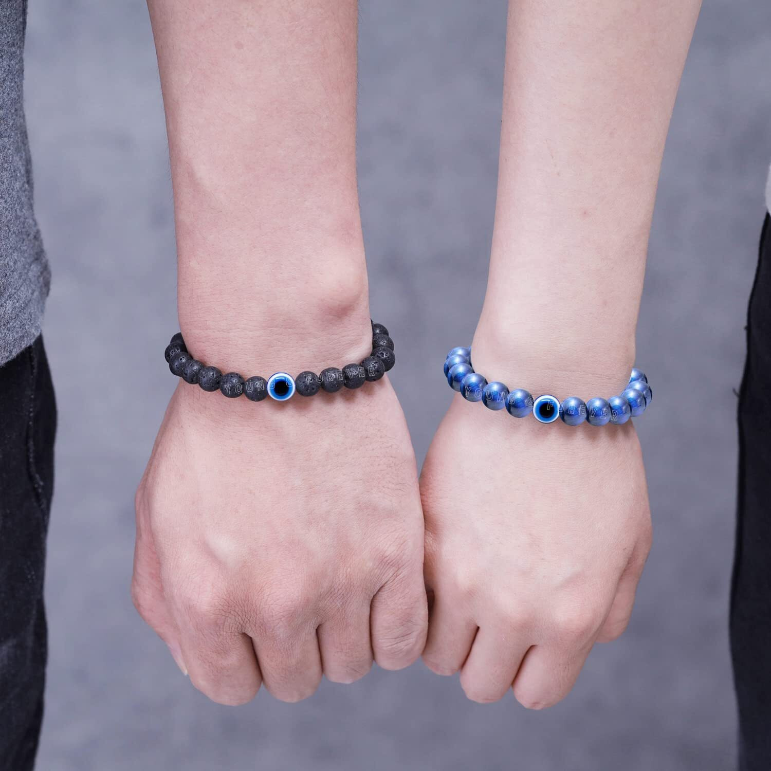 Young & Forever Gift Evil Eye Bracelet for Unisex Adult Beaded Bracelets Diffuser Lava & Blue Tiger Eye Beads Bracelet Long Distance Relationships Couples Bracelets Set of 2