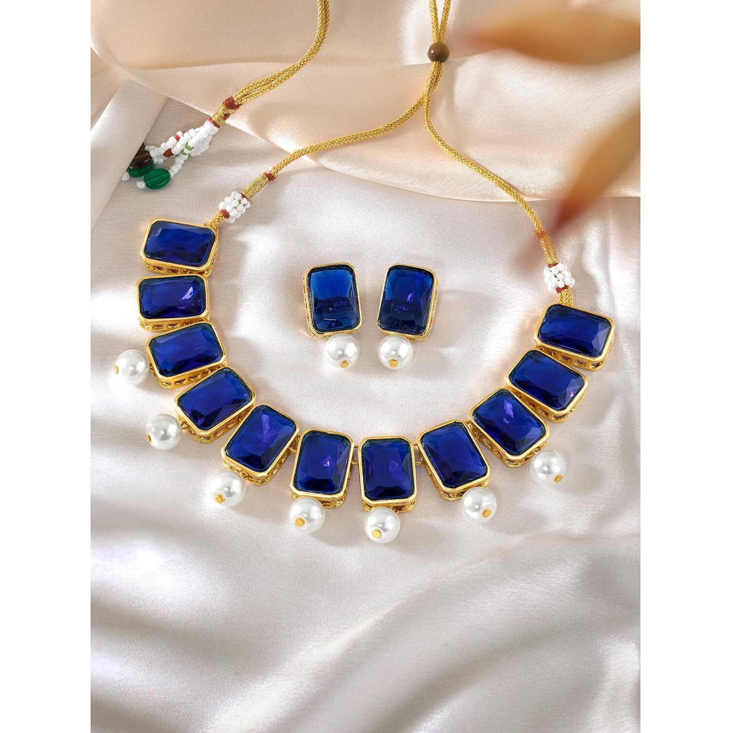 Peora Traditional Jewellery Green Crystal Pearl Necklace Earring Jewellery Set for Women Girls Wedding
